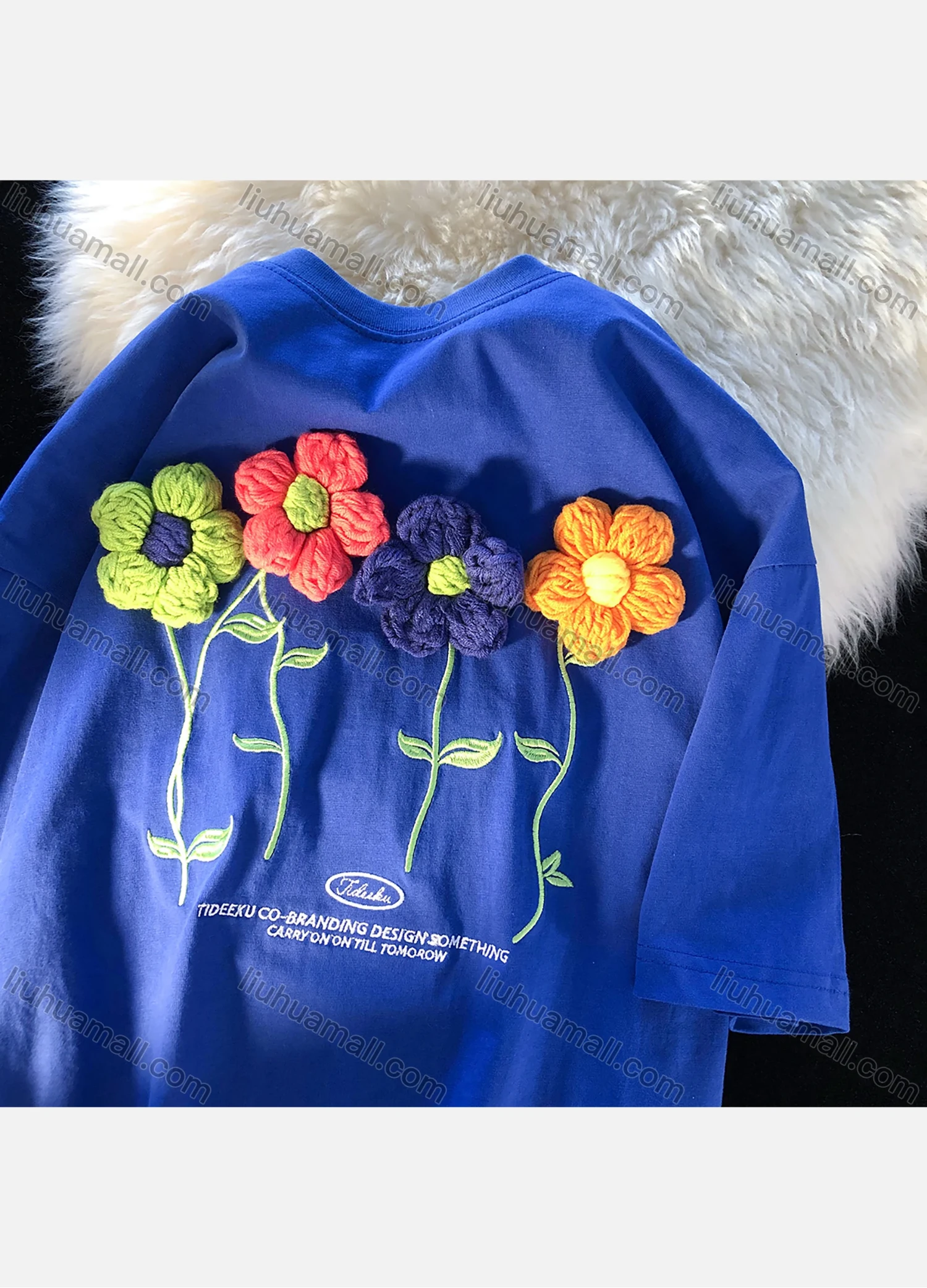 Wholesale Women's Casual Embroidery Knitting Wool 3D Flower Appliques Round Neck Half Sleeve Tee 1004# - Liuhuamall