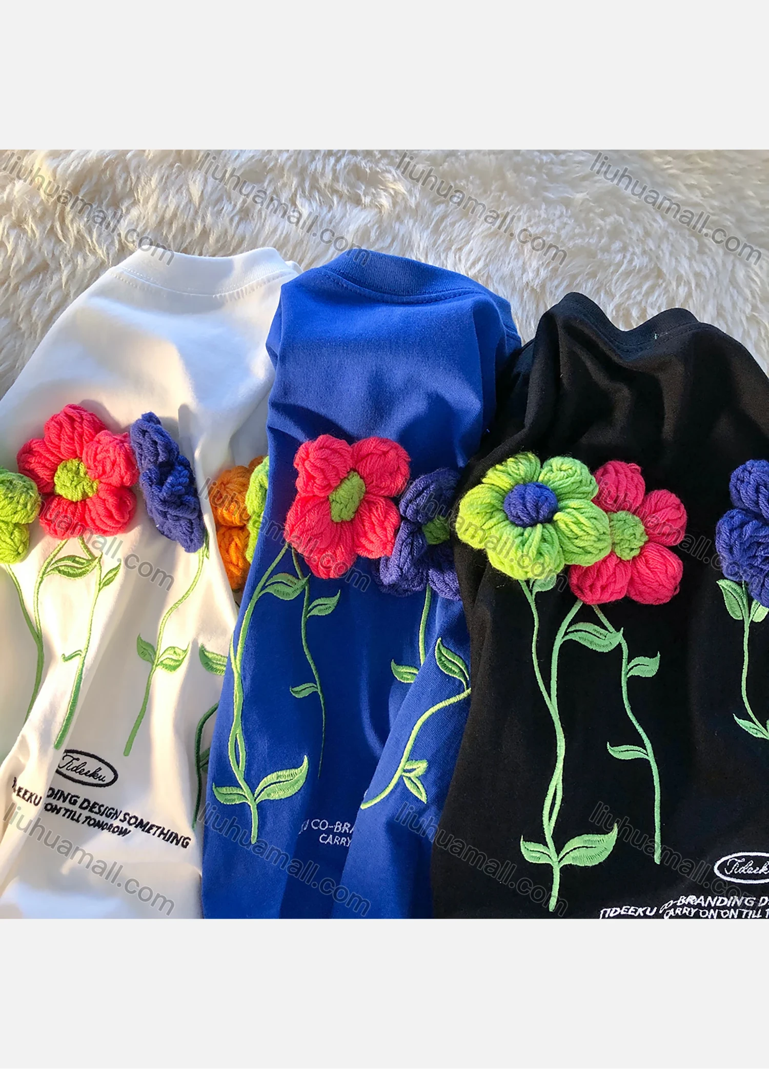 Wholesale Women's Casual Embroidery Knitting Wool 3D Flower Appliques Round Neck Half Sleeve Tee 1004# - Liuhuamall