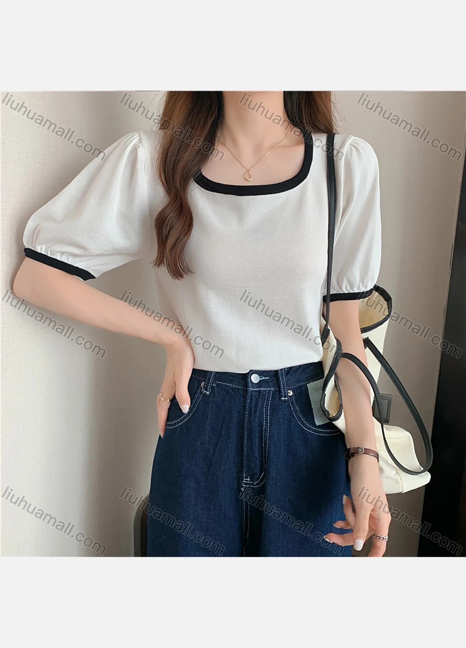 Wholesale Women's Casual Bateau Neck Puff Sleeve Tee 1015# - Liuhuamall
