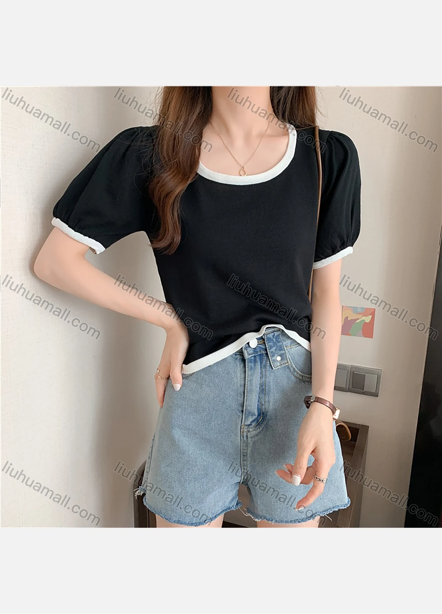Wholesale Women's Casual Bateau Neck Puff Sleeve Tee 1015# - Liuhuamall