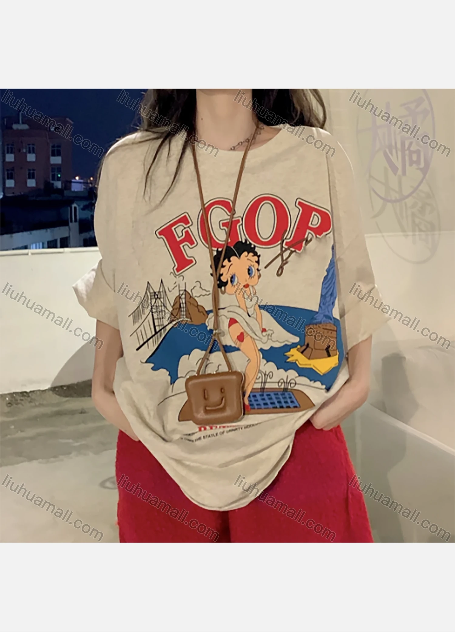 Wholesale Women's Casual Cartoon Graphic Round Neck Long Sleeve Tee 1020# - Liuhuamall