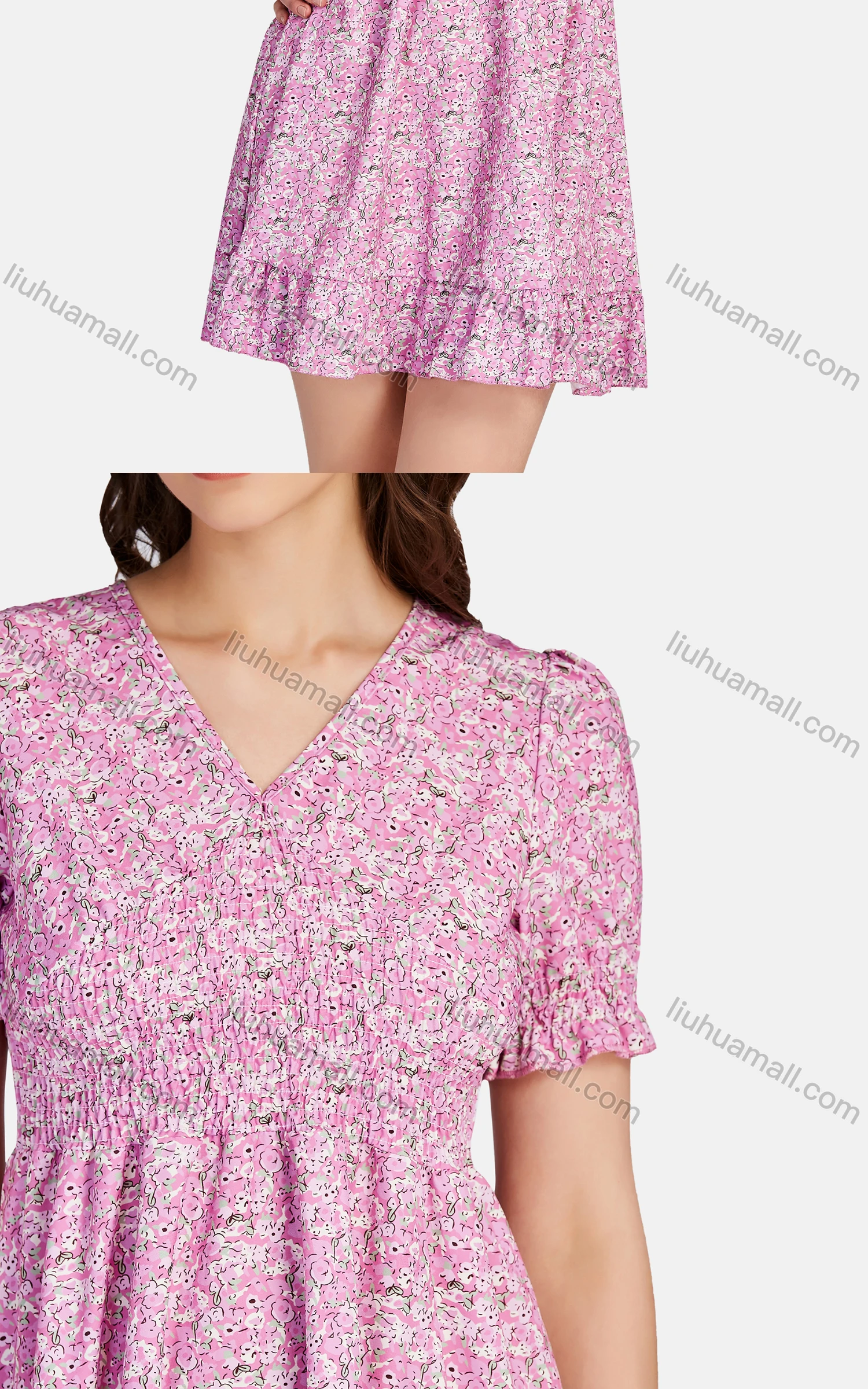 Wholesale Women's Casual V Neck Flounce Sleeve Shirred Ruffle Hem Floral Short Dress J11-10765# - Liuhuamall