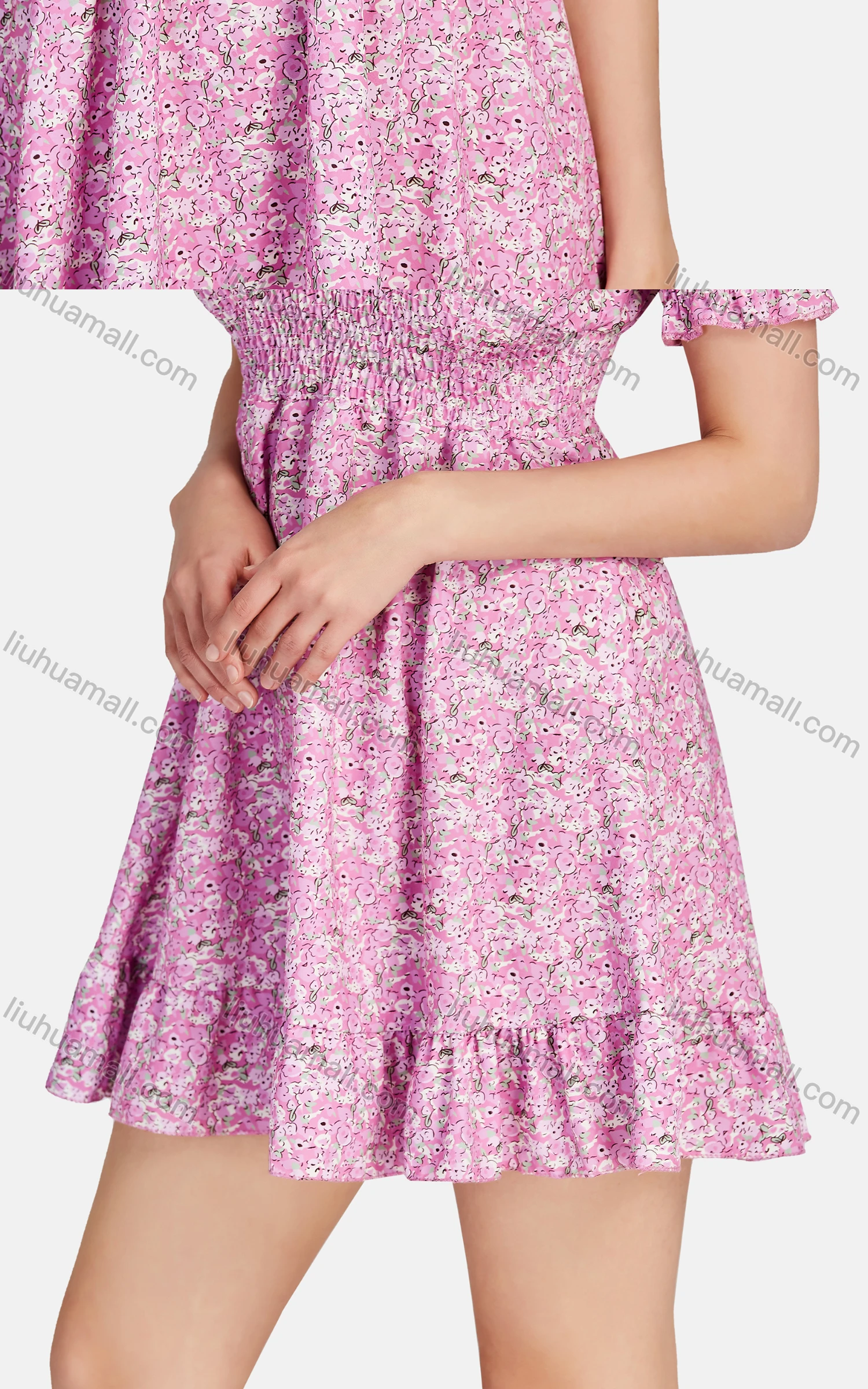 Wholesale Women's Casual V Neck Flounce Sleeve Shirred Ruffle Hem Floral Short Dress J11-10765# - Liuhuamall