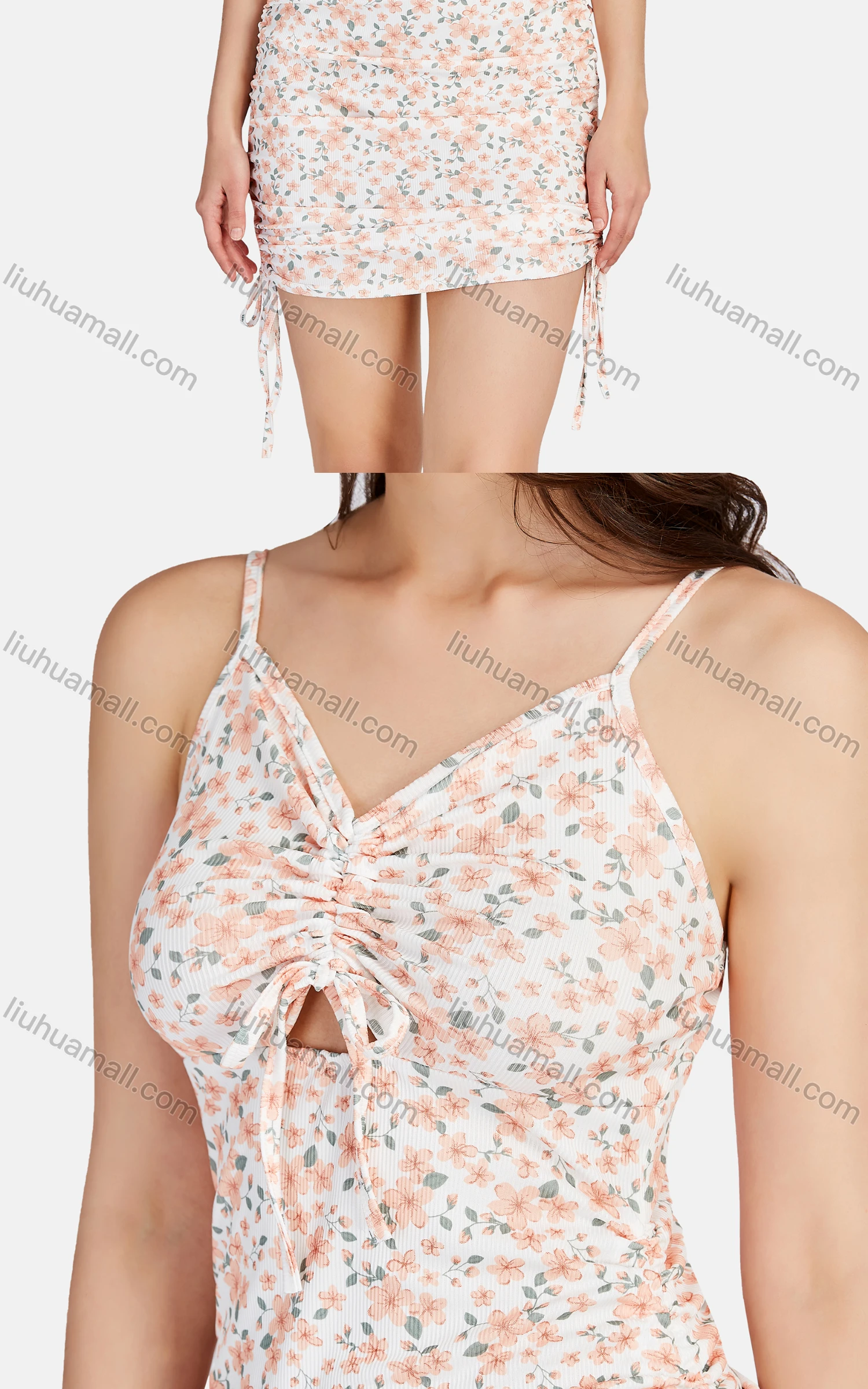 Wholesale Women's Sexy Sweetheart Neck Ruched Cutout Drawstring Side Floral Short Cami Dress 28362# - Liuhuamall