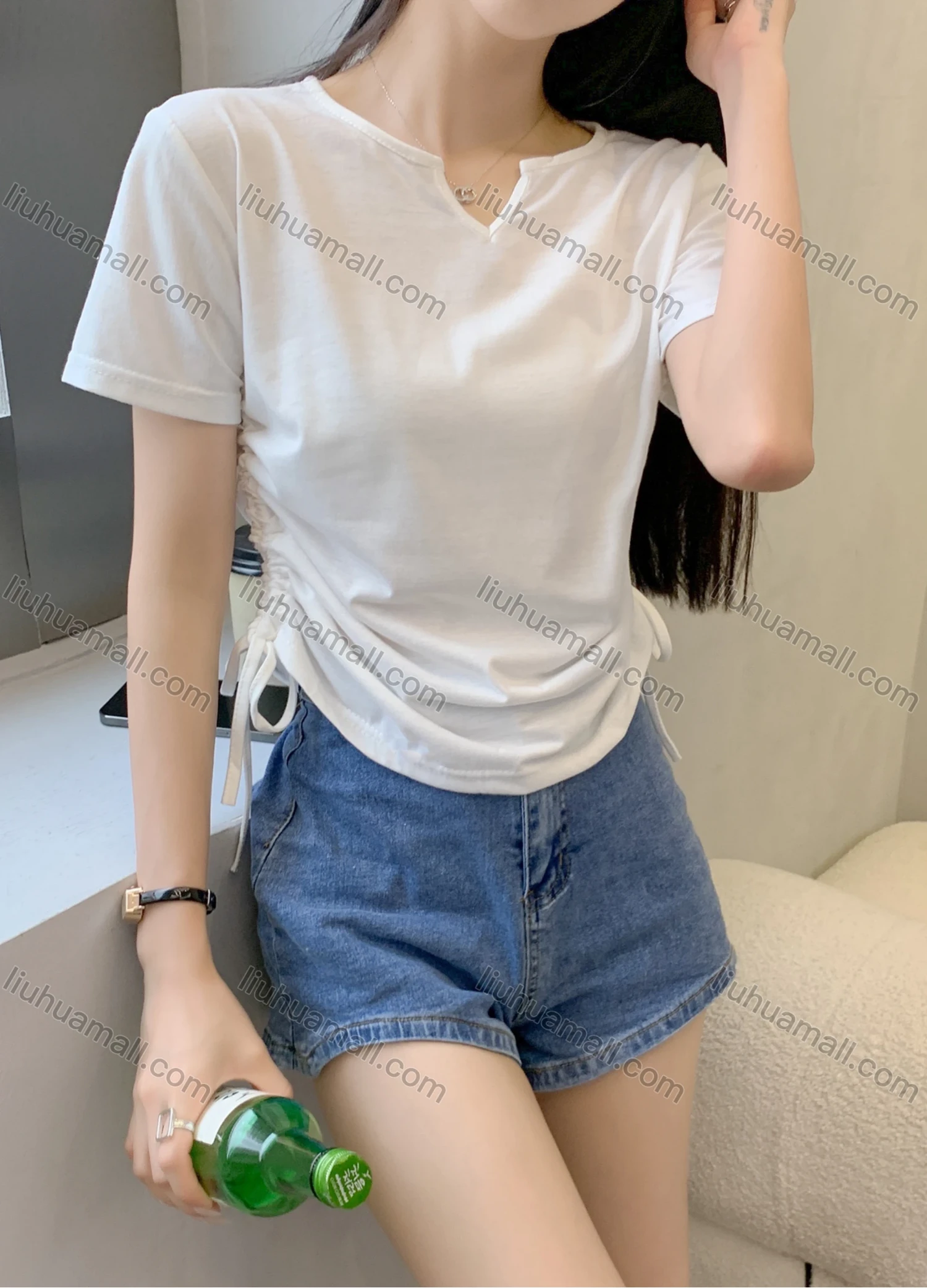 Wholesale Women's Casual Notched Neck Short Sleeve Drawstring Tee 1023# - Liuhuamall