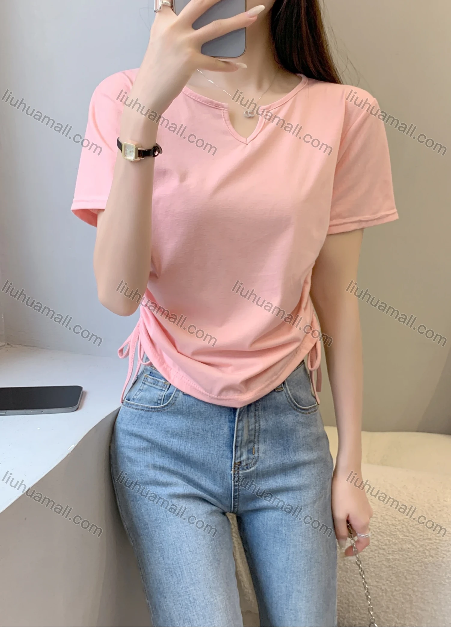 Wholesale Women's Casual Notched Neck Short Sleeve Drawstring Tee 1023# - Liuhuamall