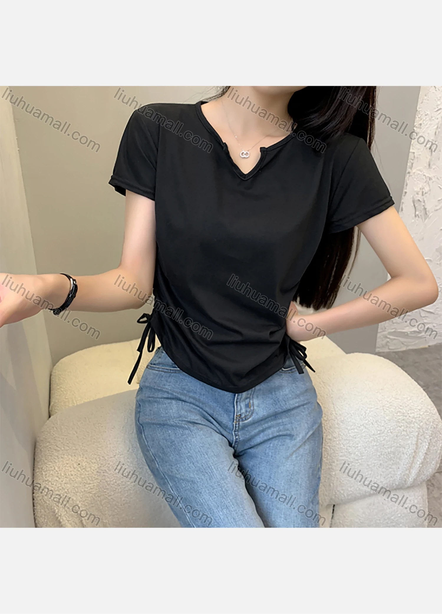 Wholesale Women's Casual Notched Neck Short Sleeve Drawstring Tee 1023# - Liuhuamall