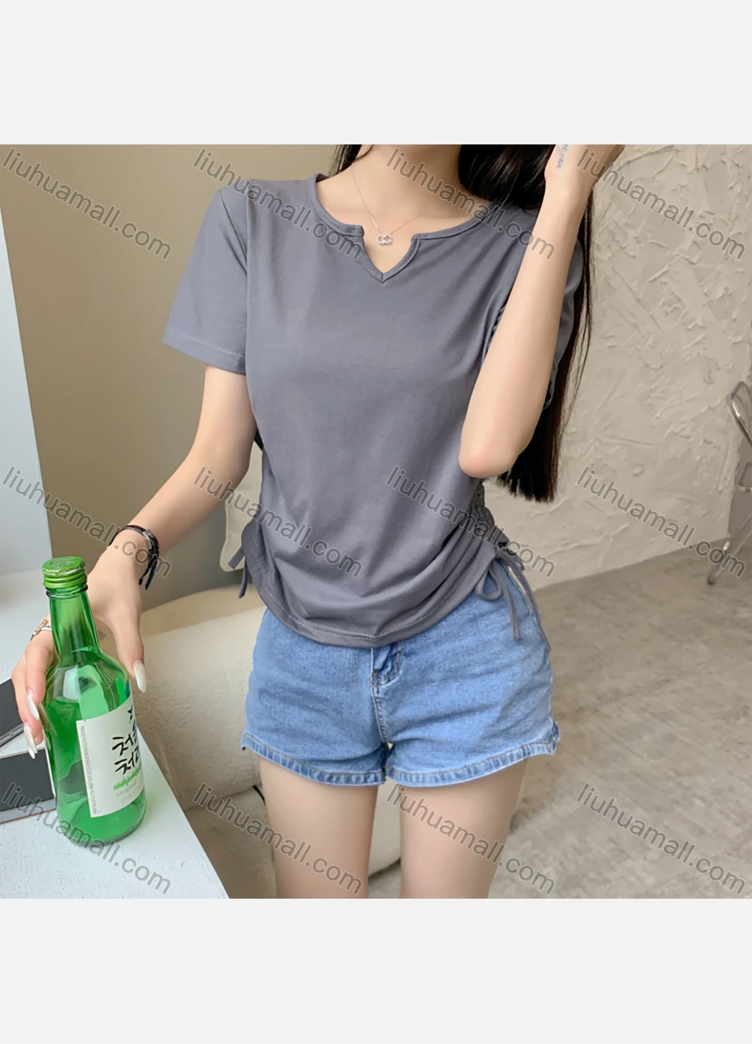 Wholesale Women's Casual Notched Neck Short Sleeve Drawstring Tee 1023# - Liuhuamall