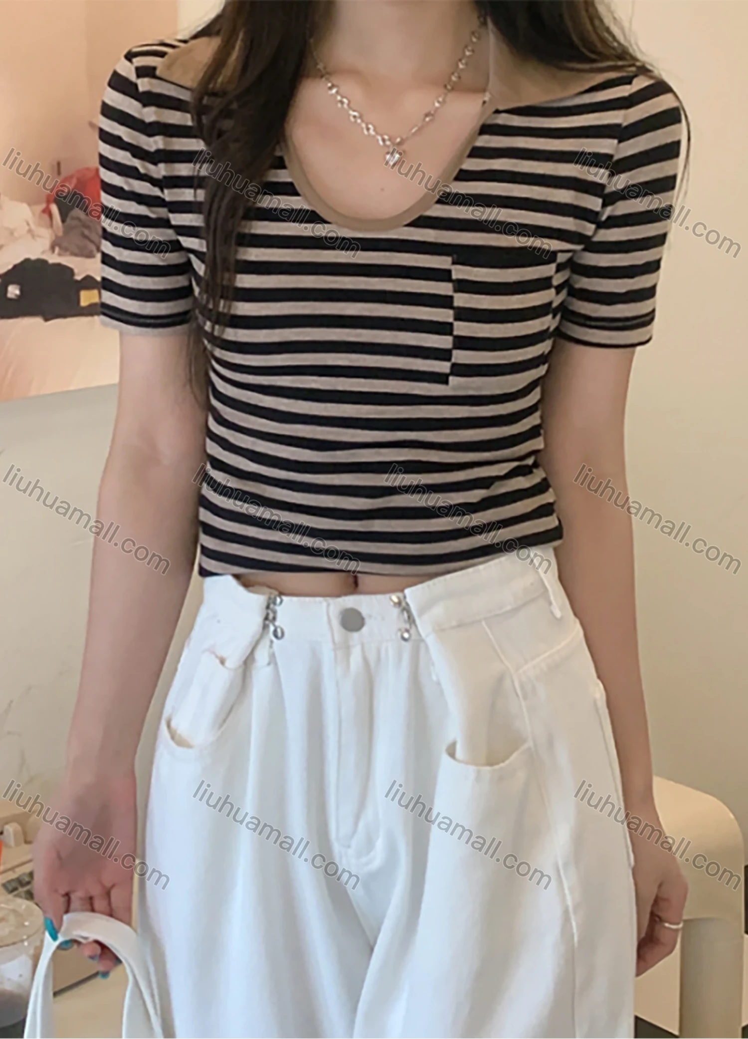 Wholesale Women's Casual Striped V Neck Patch Pockets Short Sleeve Blouse 1024# - Liuhuamall