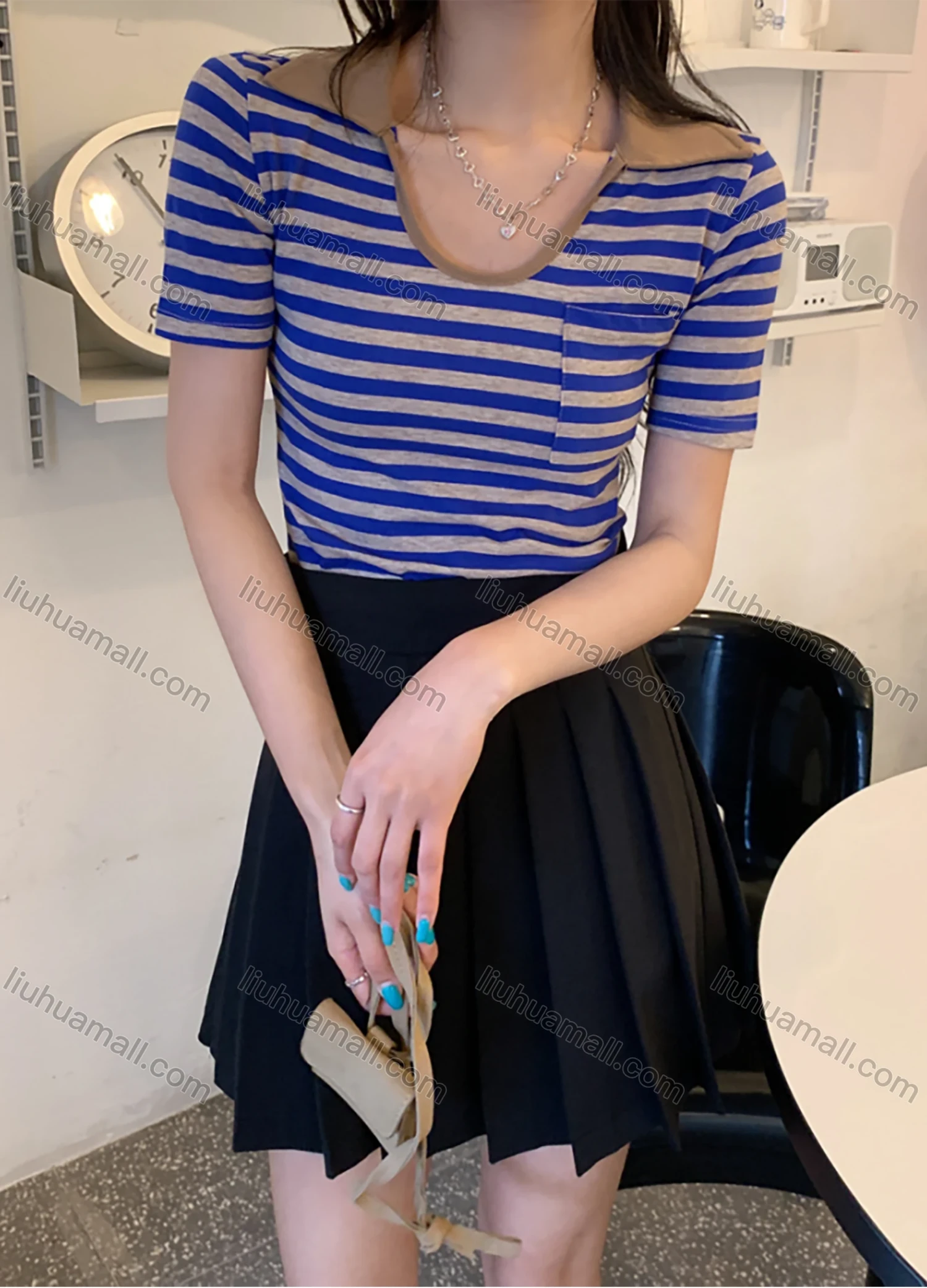 Wholesale Women's Casual Striped V Neck Patch Pockets Short Sleeve Blouse 1024# - Liuhuamall