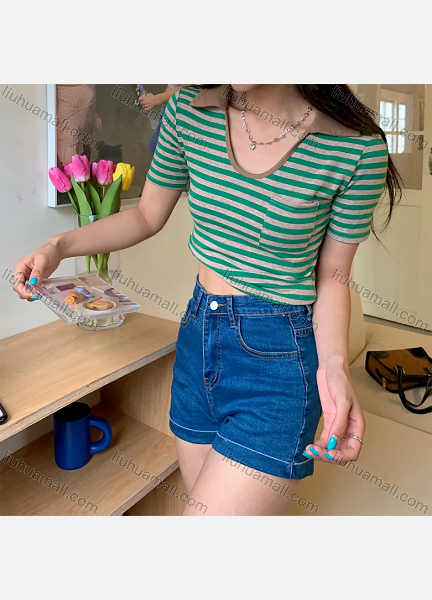 Wholesale Women's Casual Striped V Neck Patch Pockets Short Sleeve Blouse 1024# - Liuhuamall