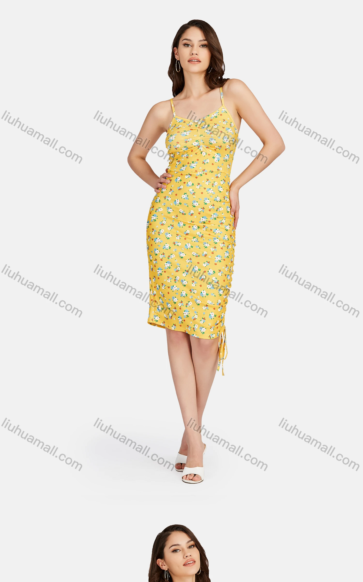 Wholesale Women's Sexy Sweetheart Neck Ruched Drawstring Side Floral Short Cami Dress 28462# - Liuhuamall