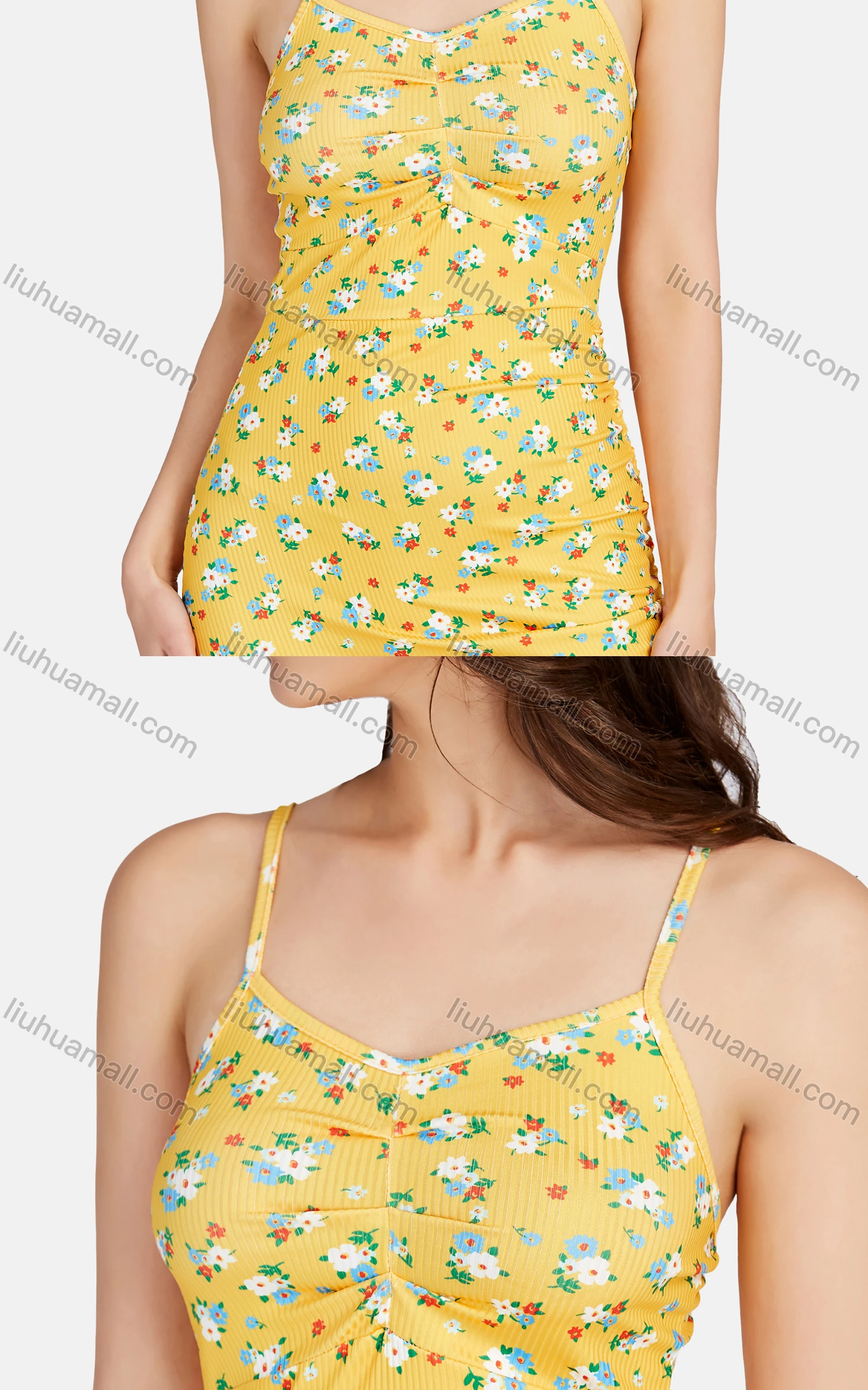Wholesale Women's Sexy Sweetheart Neck Ruched Drawstring Side Floral Short Cami Dress 28462# - Liuhuamall