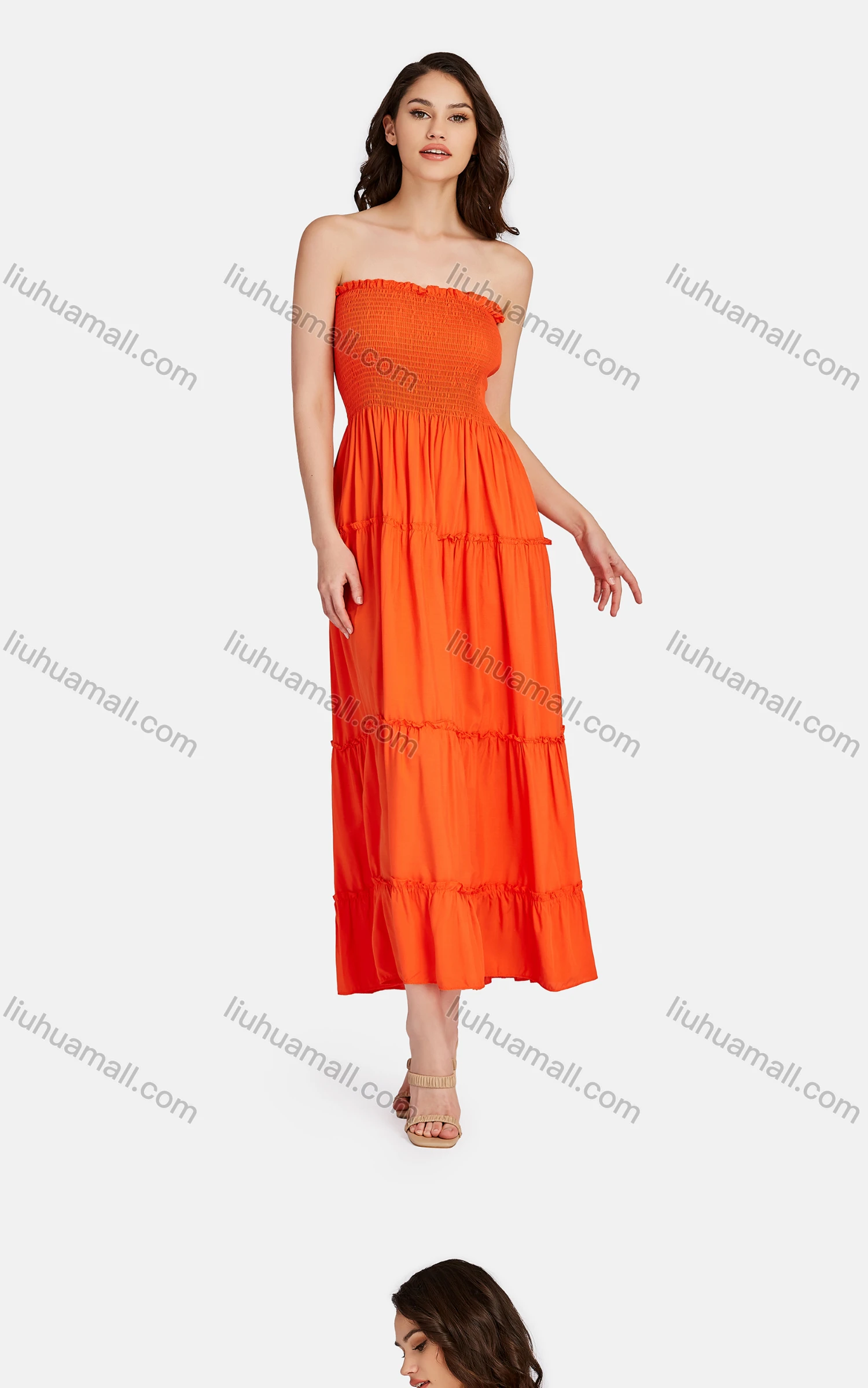 Wholesale Women's Sexy Strapless Shirred Plain Tiered Hem Dress 28406# - Liuhuamall
