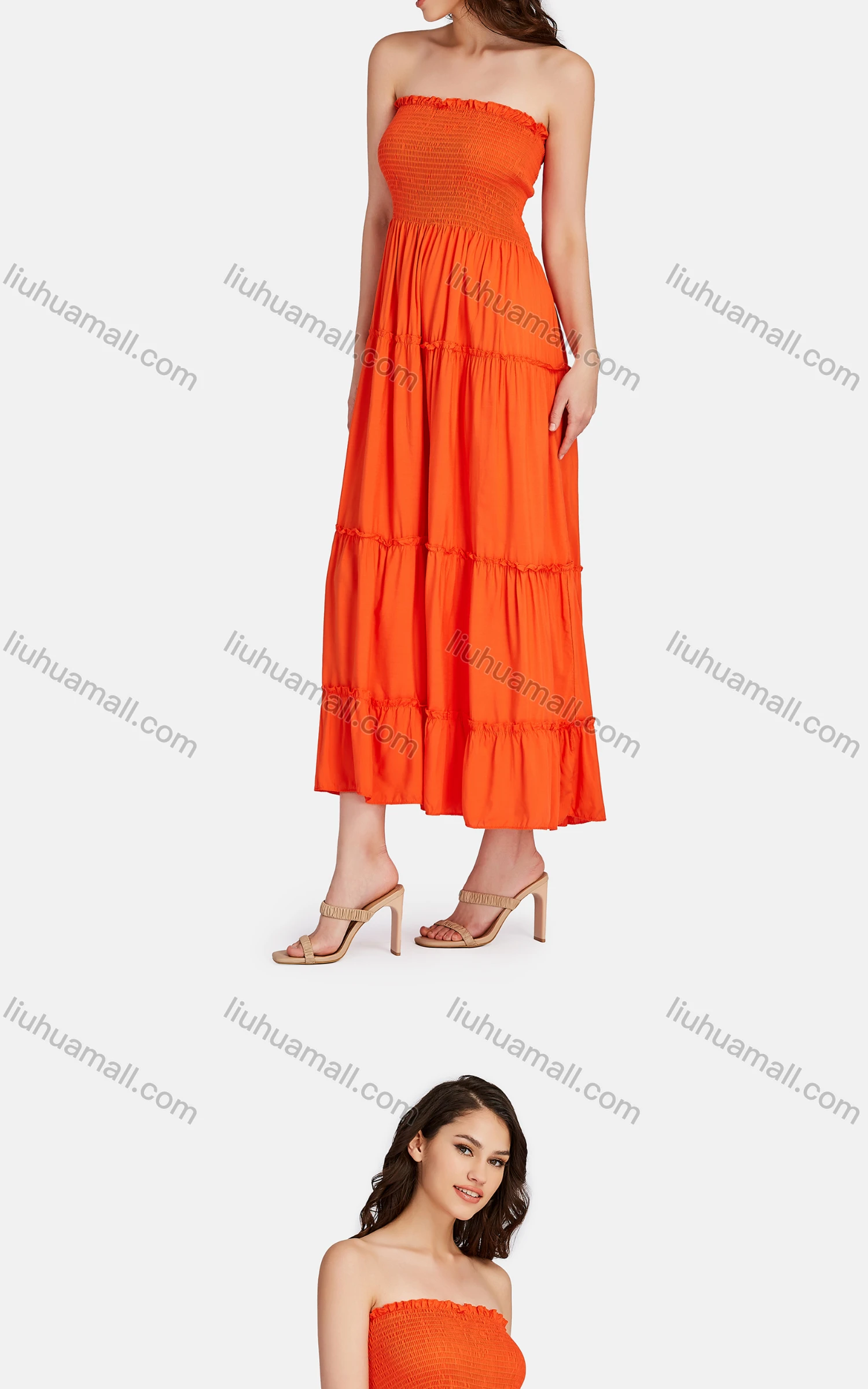 Wholesale Women's Sexy Strapless Shirred Plain Tiered Hem Dress 28406# - Liuhuamall
