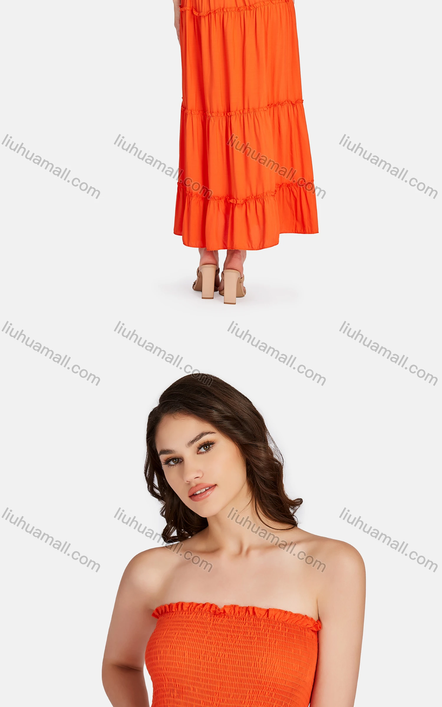 Wholesale Women's Sexy Strapless Shirred Plain Tiered Hem Dress 28406# - Liuhuamall