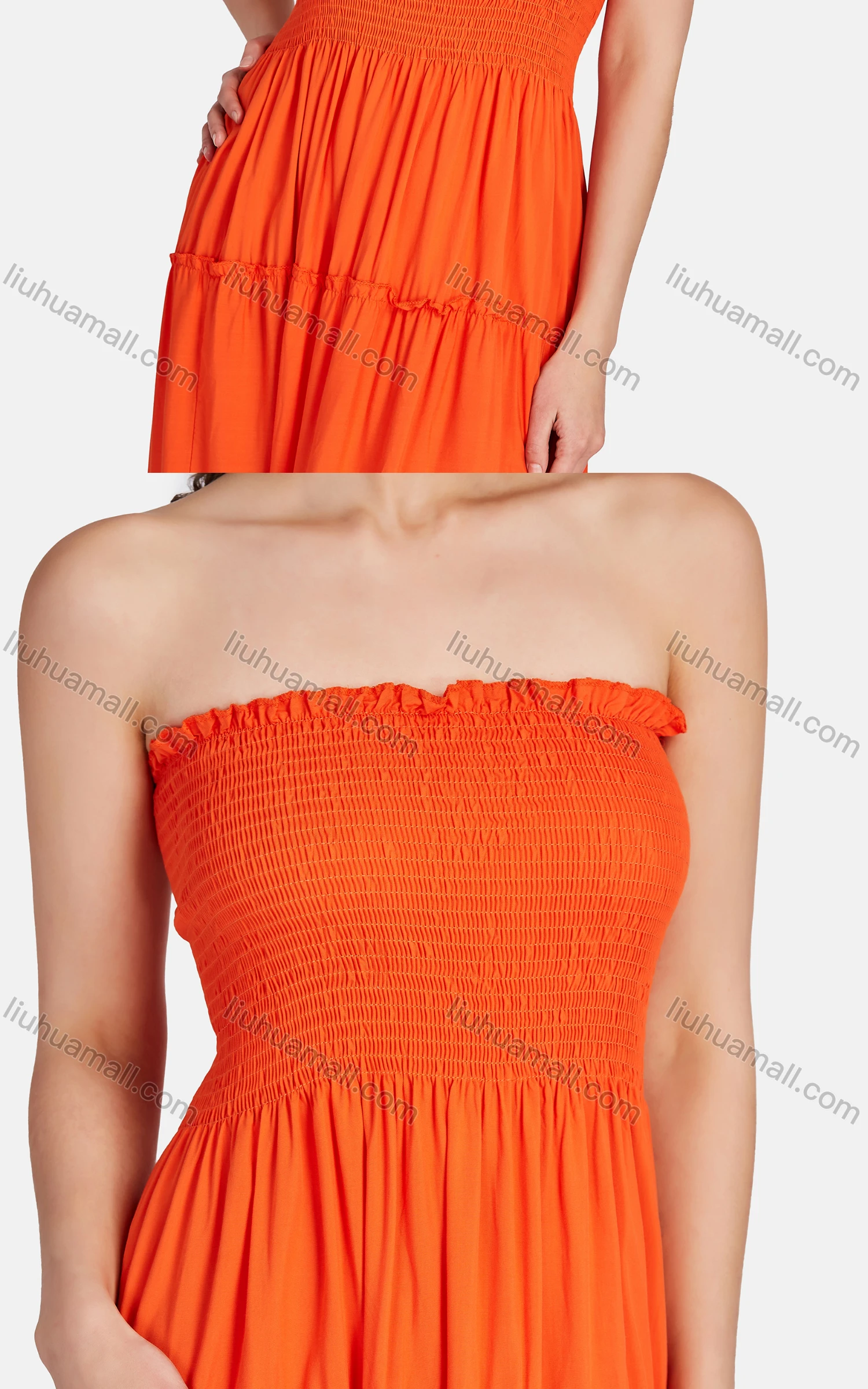 Wholesale Women's Sexy Strapless Shirred Plain Tiered Hem Dress 28406# - Liuhuamall