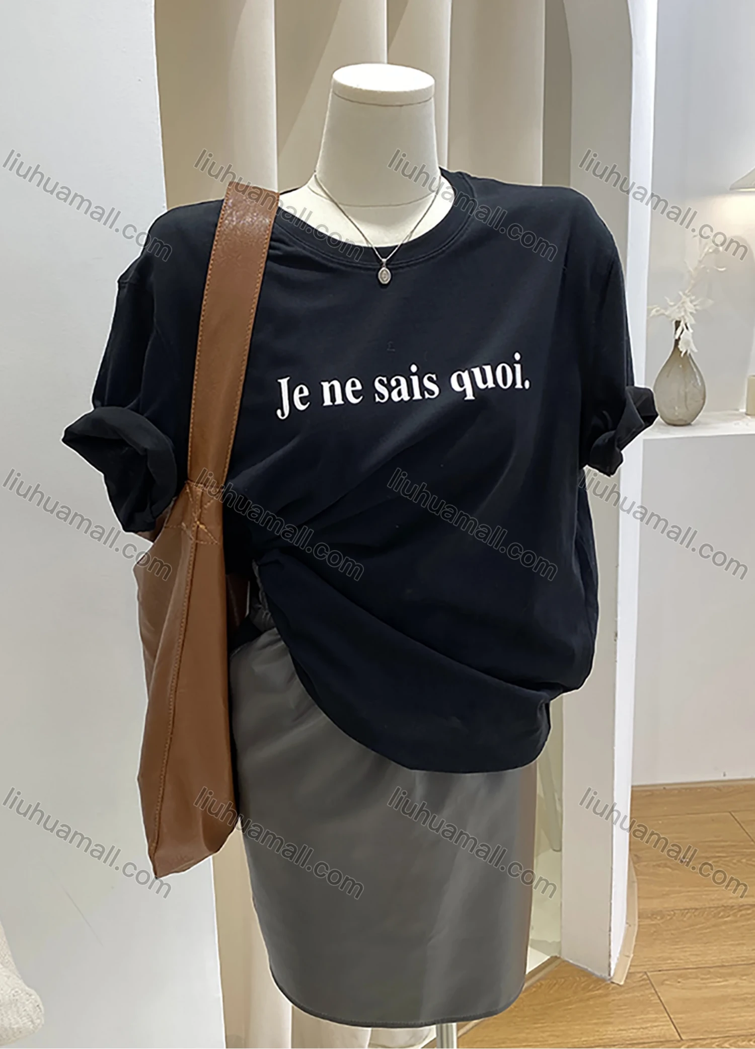 Wholesale Women's Casual Letter Print Round Neck Rolled Sleeve Tee 1039# - Liuhuamall