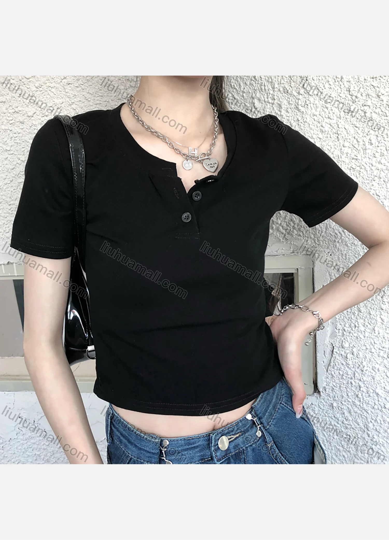Wholesale Women's Casual Plain Button Front Short Sleeve Crop Tops 1041# - Liuhuamall