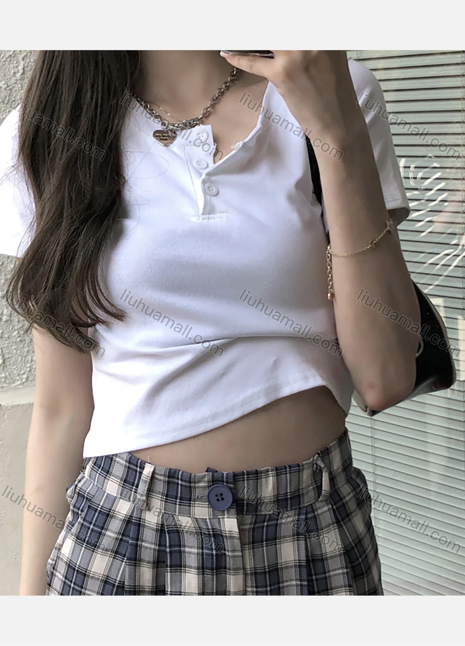 Wholesale Women's Casual Plain Button Front Short Sleeve Crop Tops 1041# - Liuhuamall