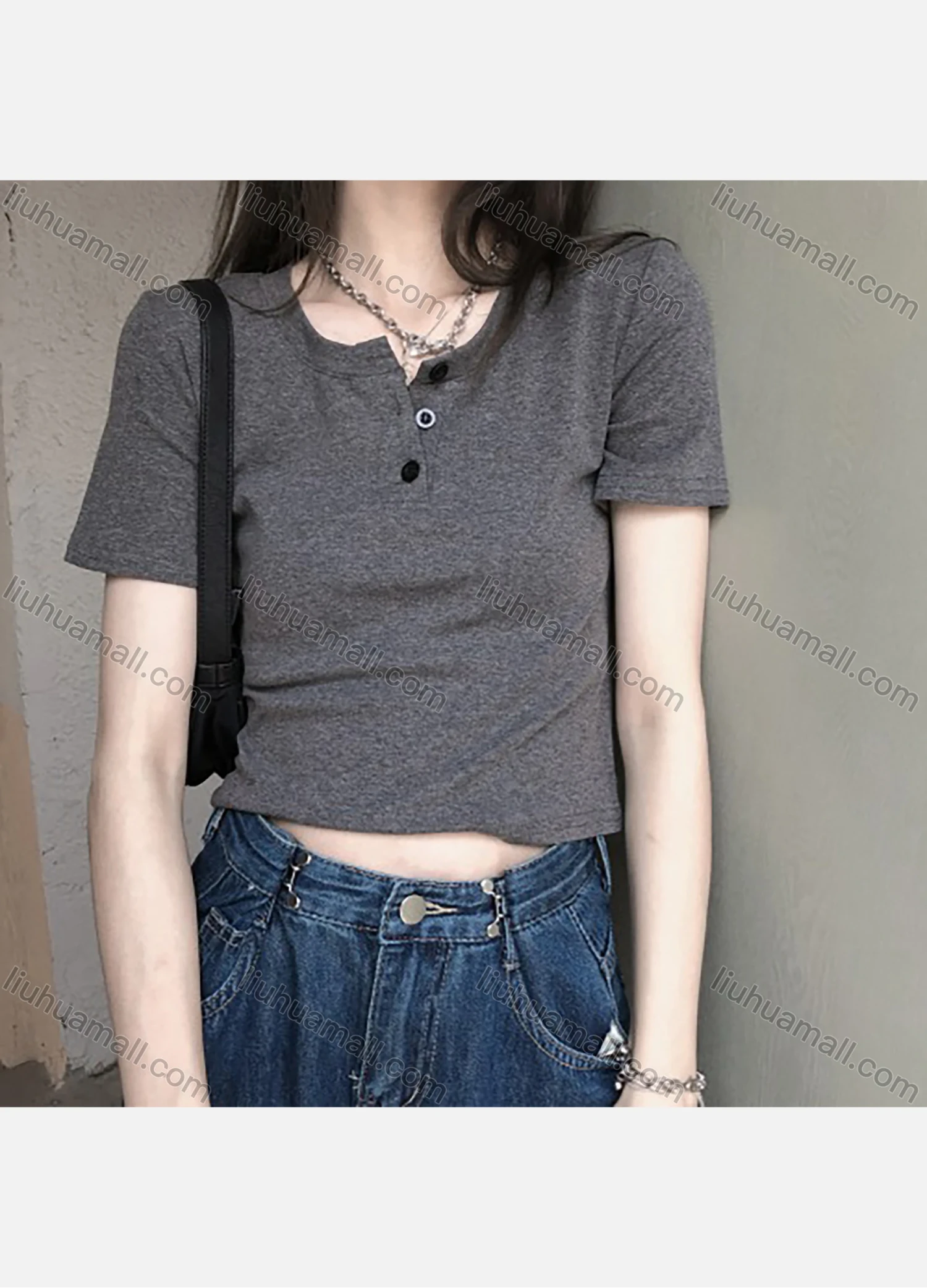 Wholesale Women's Casual Plain Button Front Short Sleeve Crop Tops 1041# - Liuhuamall