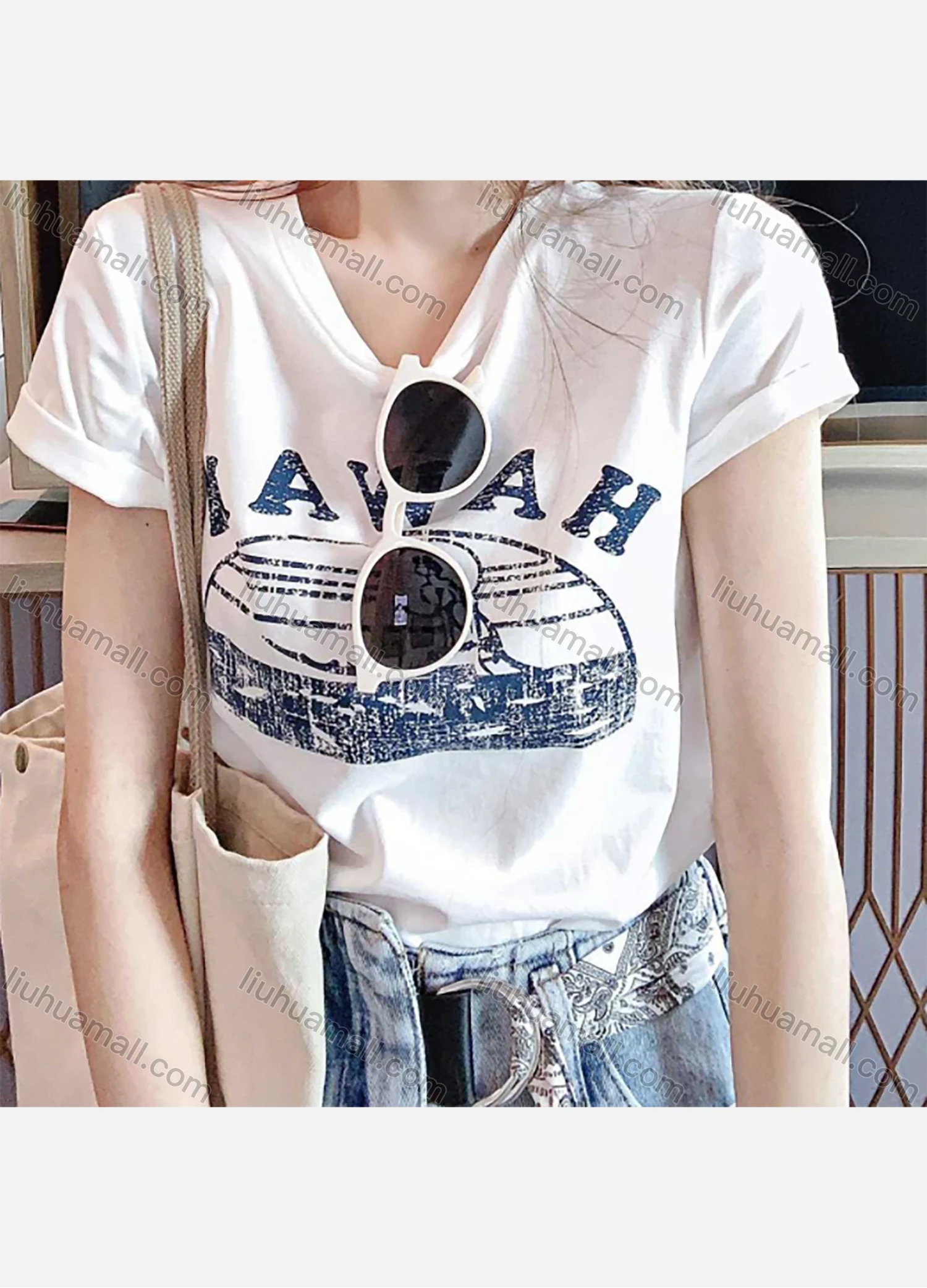 Wholesale Women's Casual Letter Print & Graphic Round Neck Short Sleeve Tee 1046# - Liuhuamall