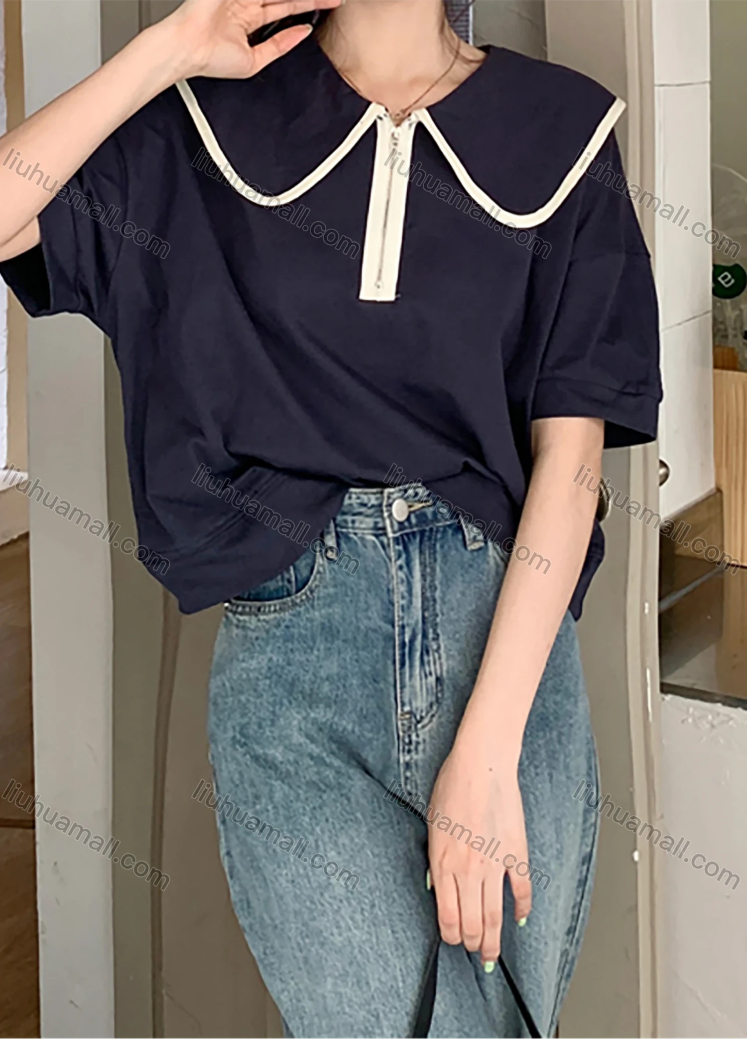 Wholesale Women's Casual Plain Peter Pan Collar Quarter Zip Short Sleeve Blouse 1047# - Liuhuamall