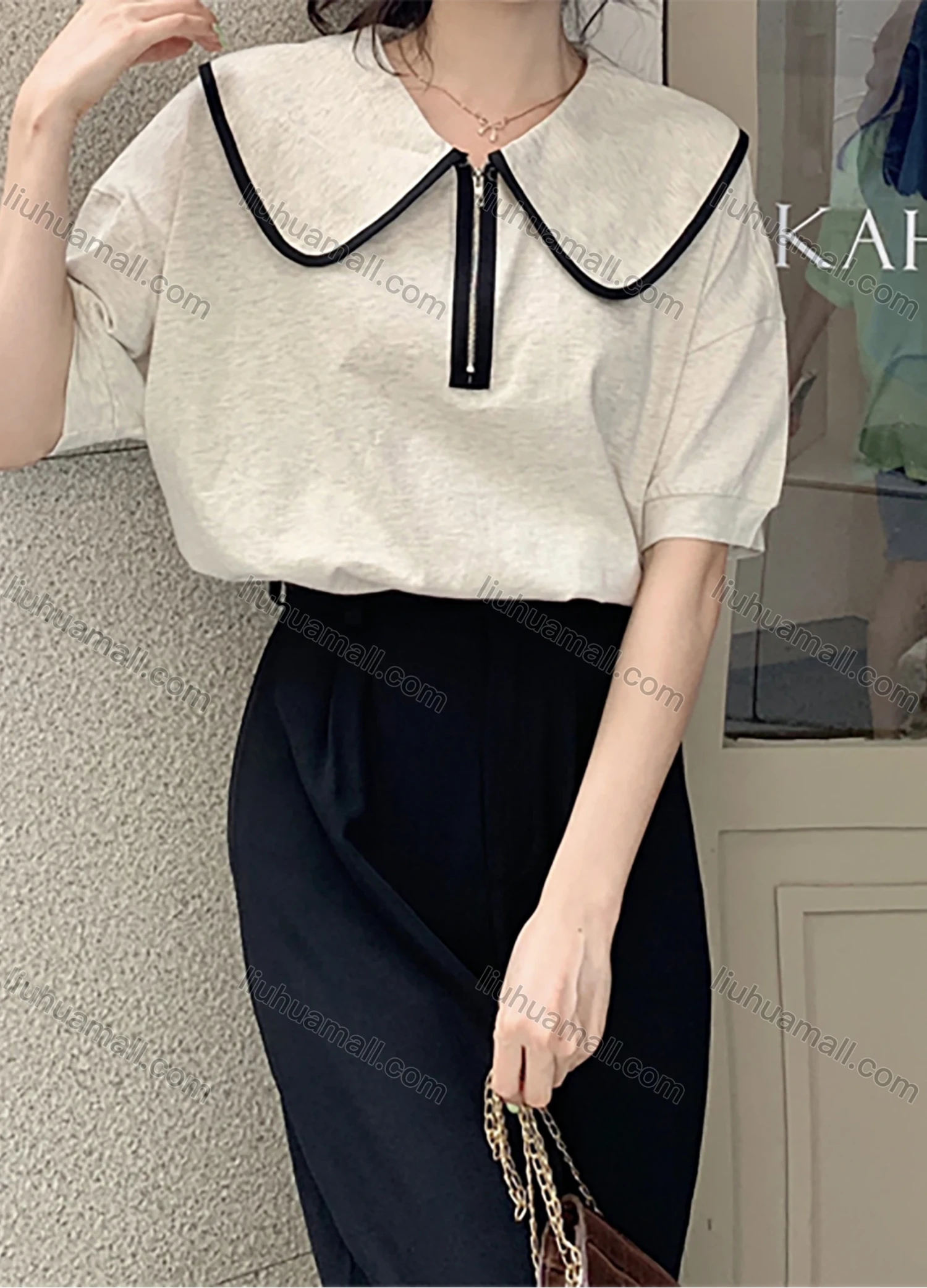 Wholesale Women's Casual Plain Peter Pan Collar Quarter Zip Short Sleeve Blouse 1047# - Liuhuamall