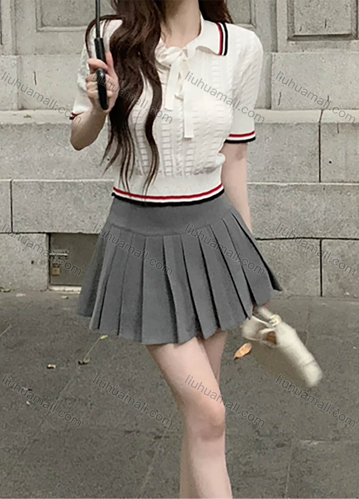 Wholesale Women's Casual Tie Neck Short Sleeve Striped Trim Slim Fit Blouse 1051# - Liuhuamall