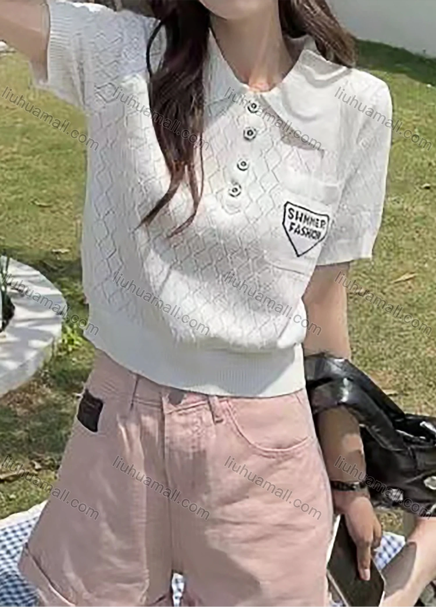 Wholesale Women's Casual Collared Button Front Patch Pocket Short Sleeve Polo Shirts 1052# - Liuhuamall