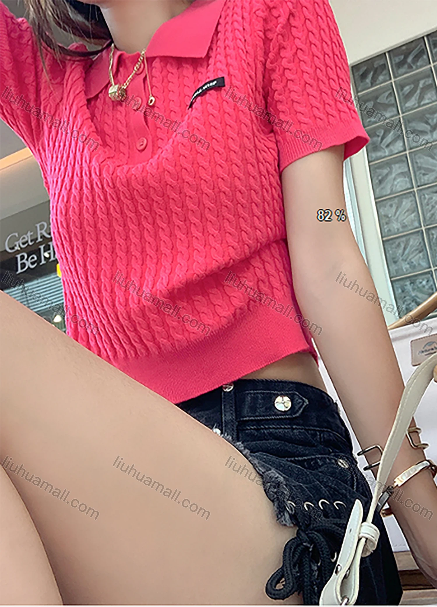 Wholesale Women's Casual Plain Collared Button Front Cable Knit Short Sleeve Sweater Tops 1053# - Liuhuamall