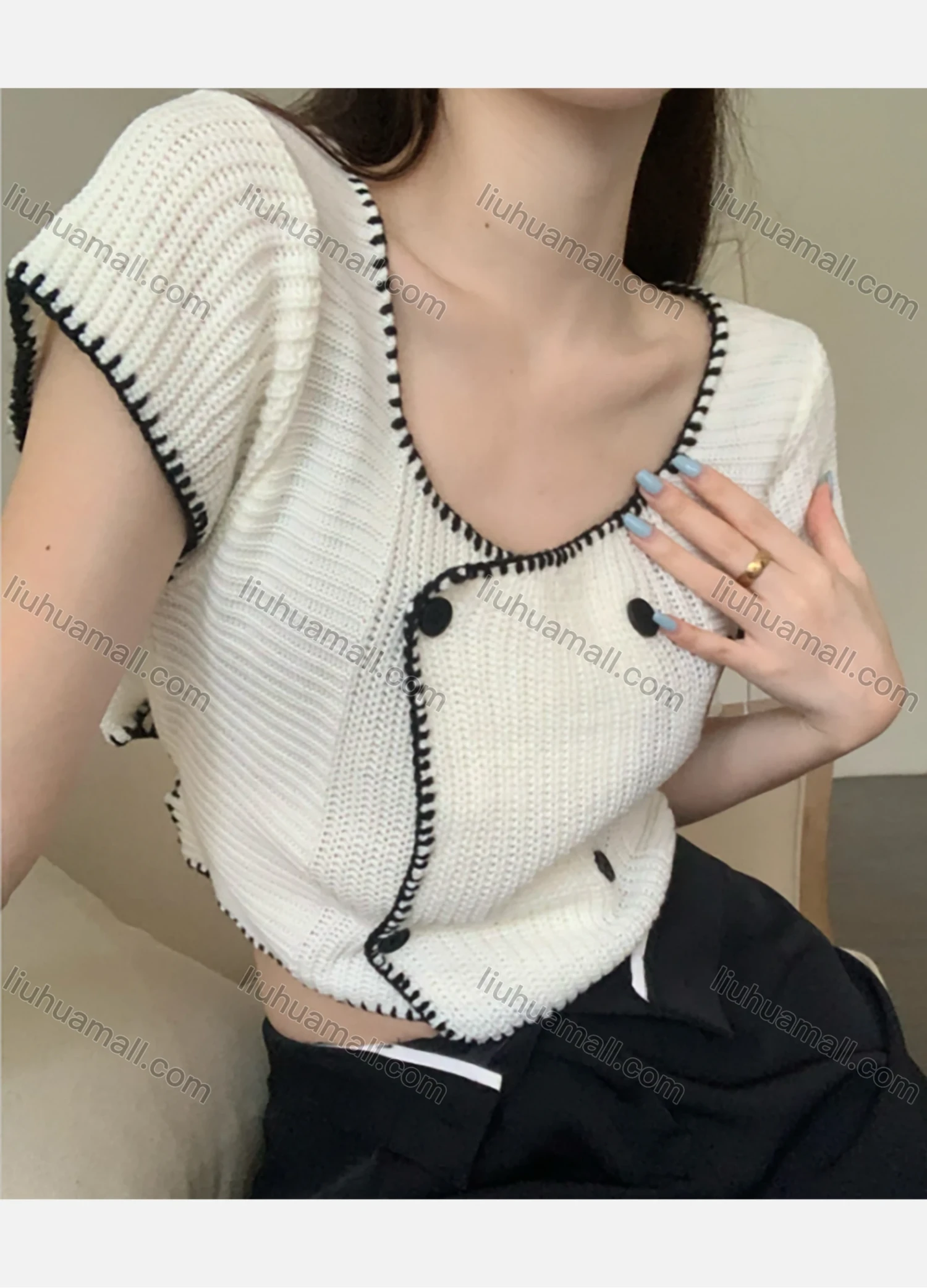 Wholesale Women's Casual Button Plain Short Sleeve Ribbed Knit Sweater Crop Tops 1054# - Liuhuamall