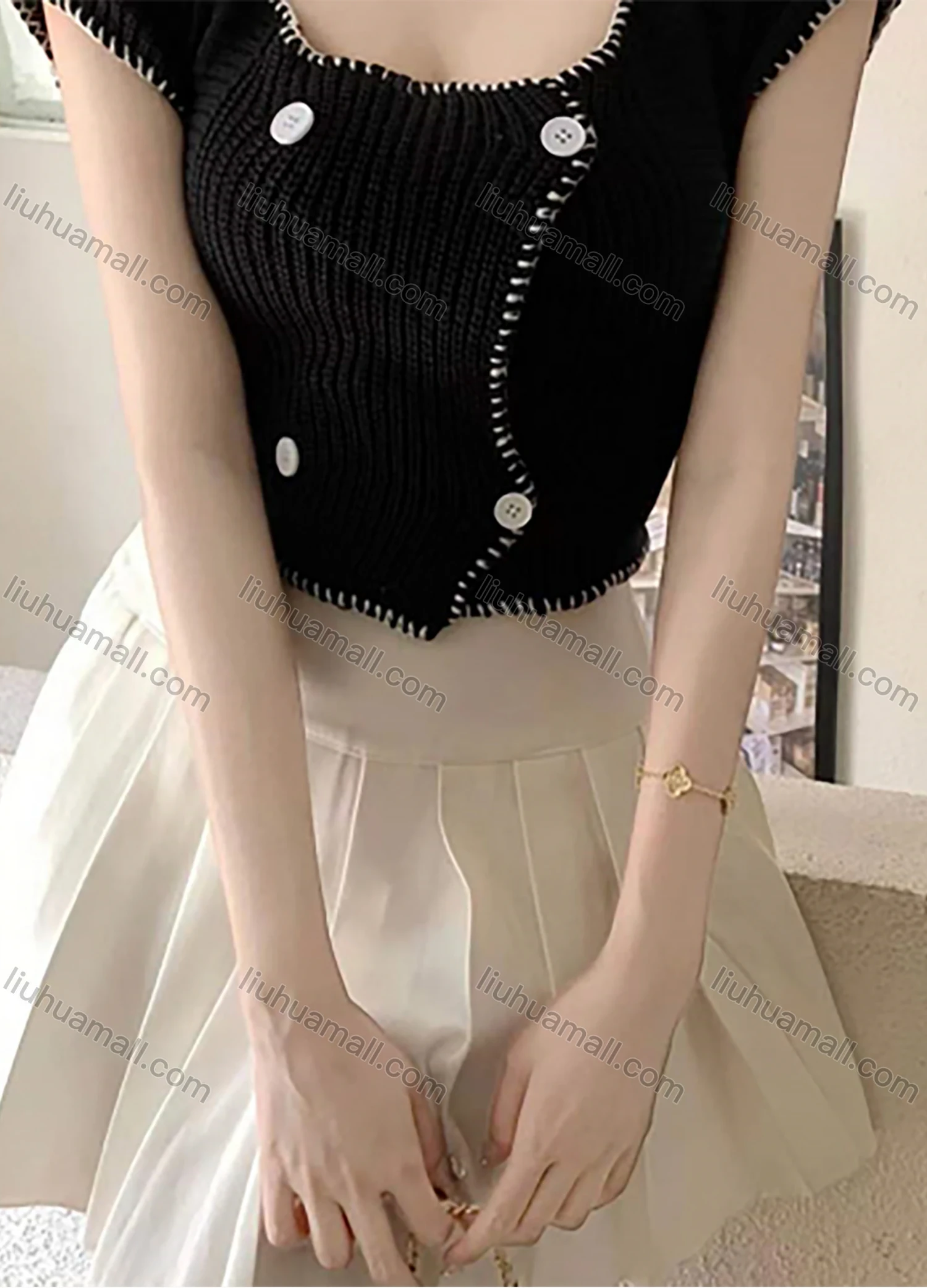 Wholesale Women's Casual Button Plain Short Sleeve Ribbed Knit Sweater Crop Tops 1054# - Liuhuamall