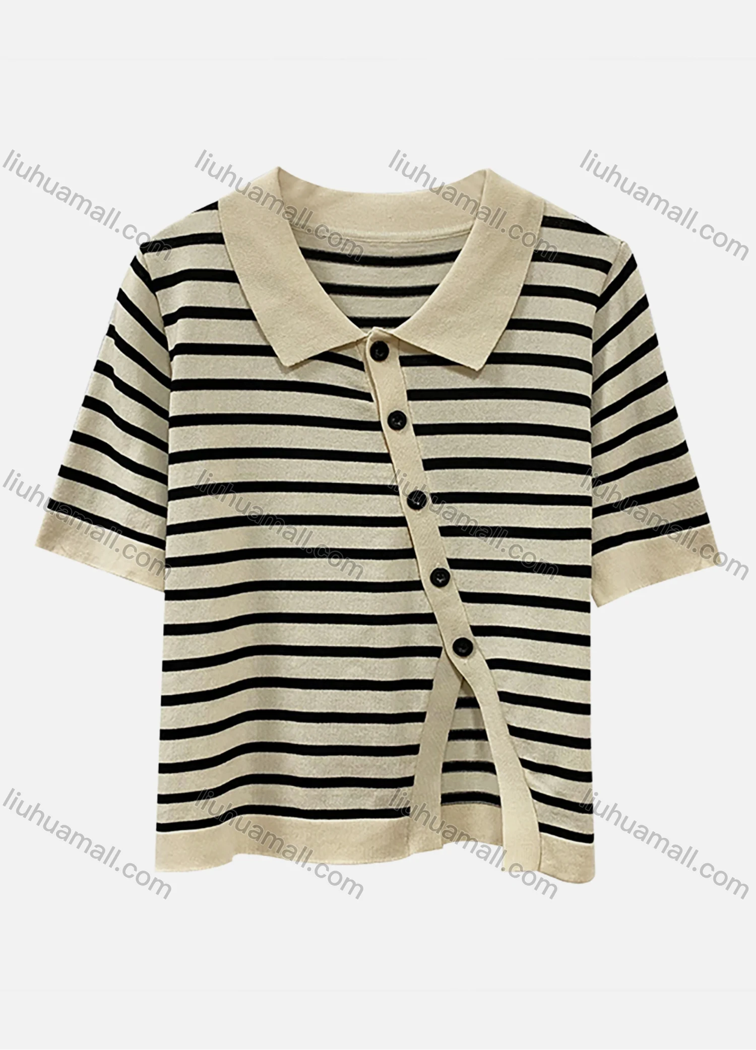 Wholesale Women's Casual Striped Collared Button Down Split Hem Half Sleeve Tops 1059# - Liuhuamall