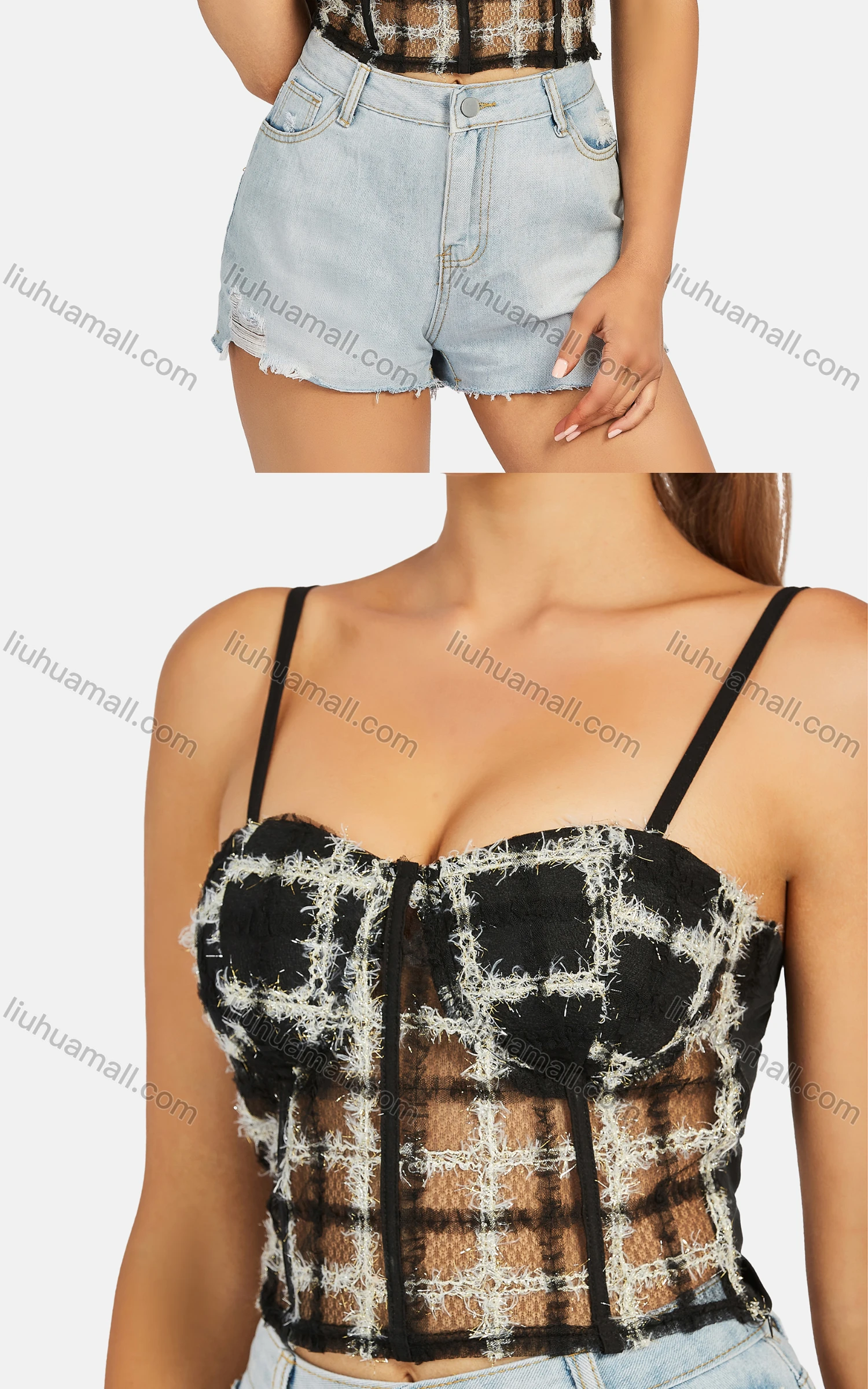 Wholesale Women's Sexy Plaid Frayed Raw Spaghetti Strap Crop Cami Top - Liuhuamall