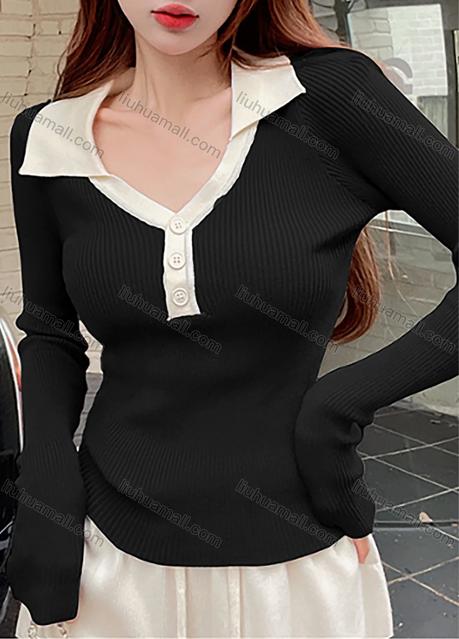 Wholesale Women's Casual Collared Button Front Ribbed Knit Extra Long Sleeve Sweater Tops 1062# - Liuhuamall