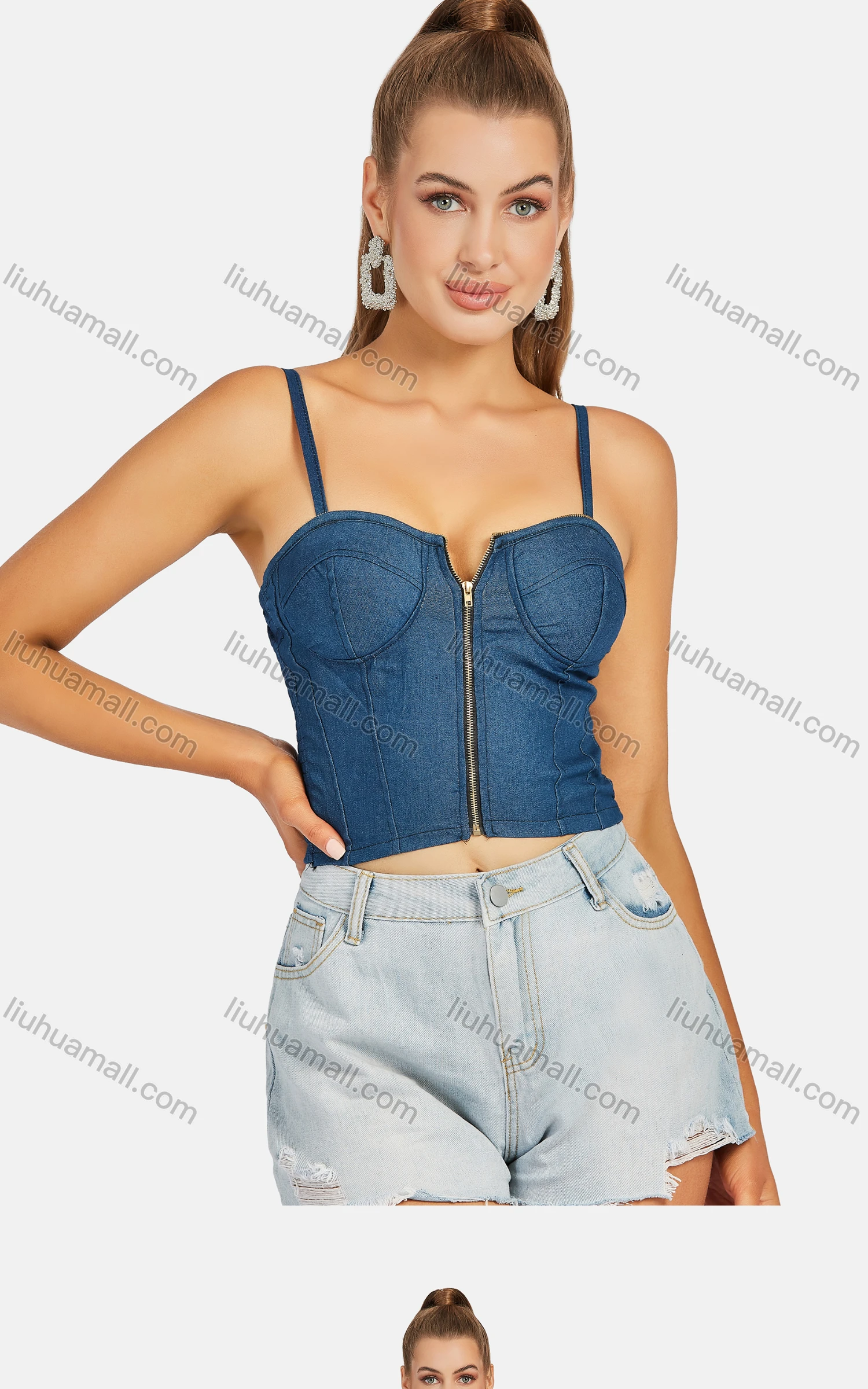 Wholesale Women's Sexy Plain Denim Zip Spaghetti Strap Crop Cami Top - Liuhuamall