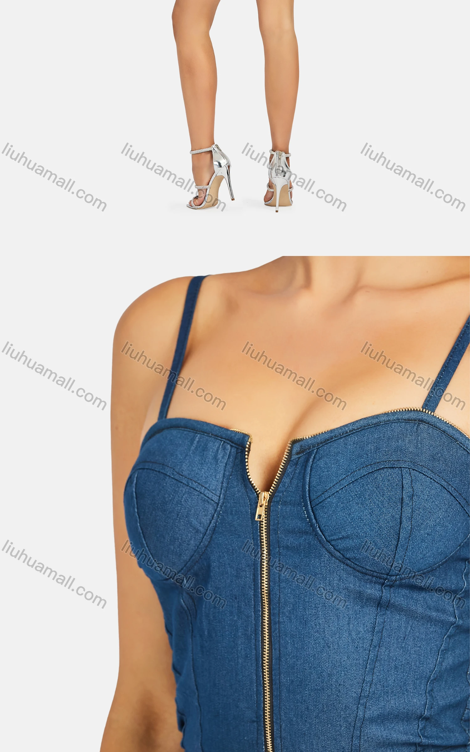 Wholesale Women's Sexy Plain Denim Zip Spaghetti Strap Crop Cami Top - Liuhuamall