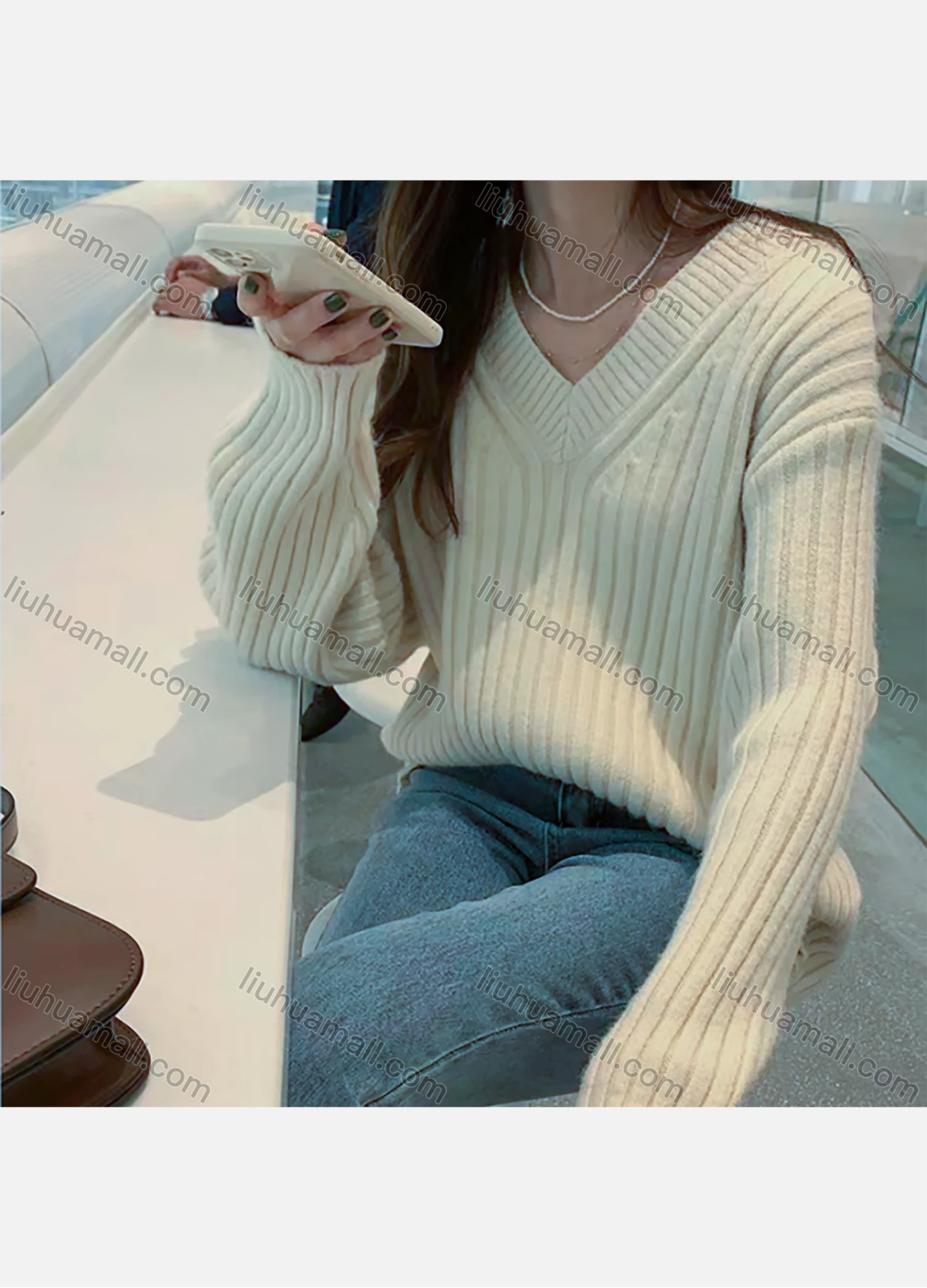 Wholesale Women's Casual Plain Ribbed Knit V Neck Long Sleeve Sweater Tops 1063# - Liuhuamall