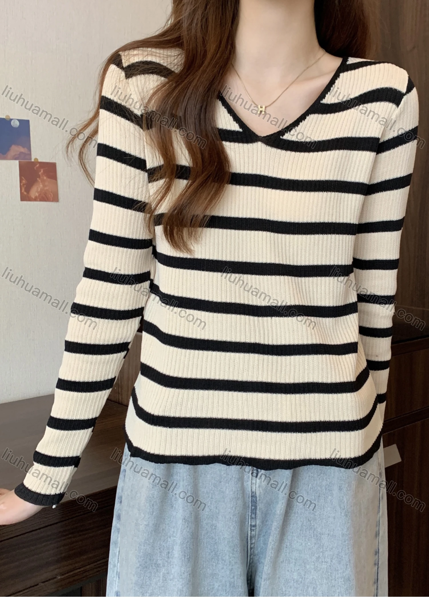 Wholesale Women's Casual Striped Ribbed Knit V Neck Long Sleeve Sweater Tops 1064# - Liuhuamall
