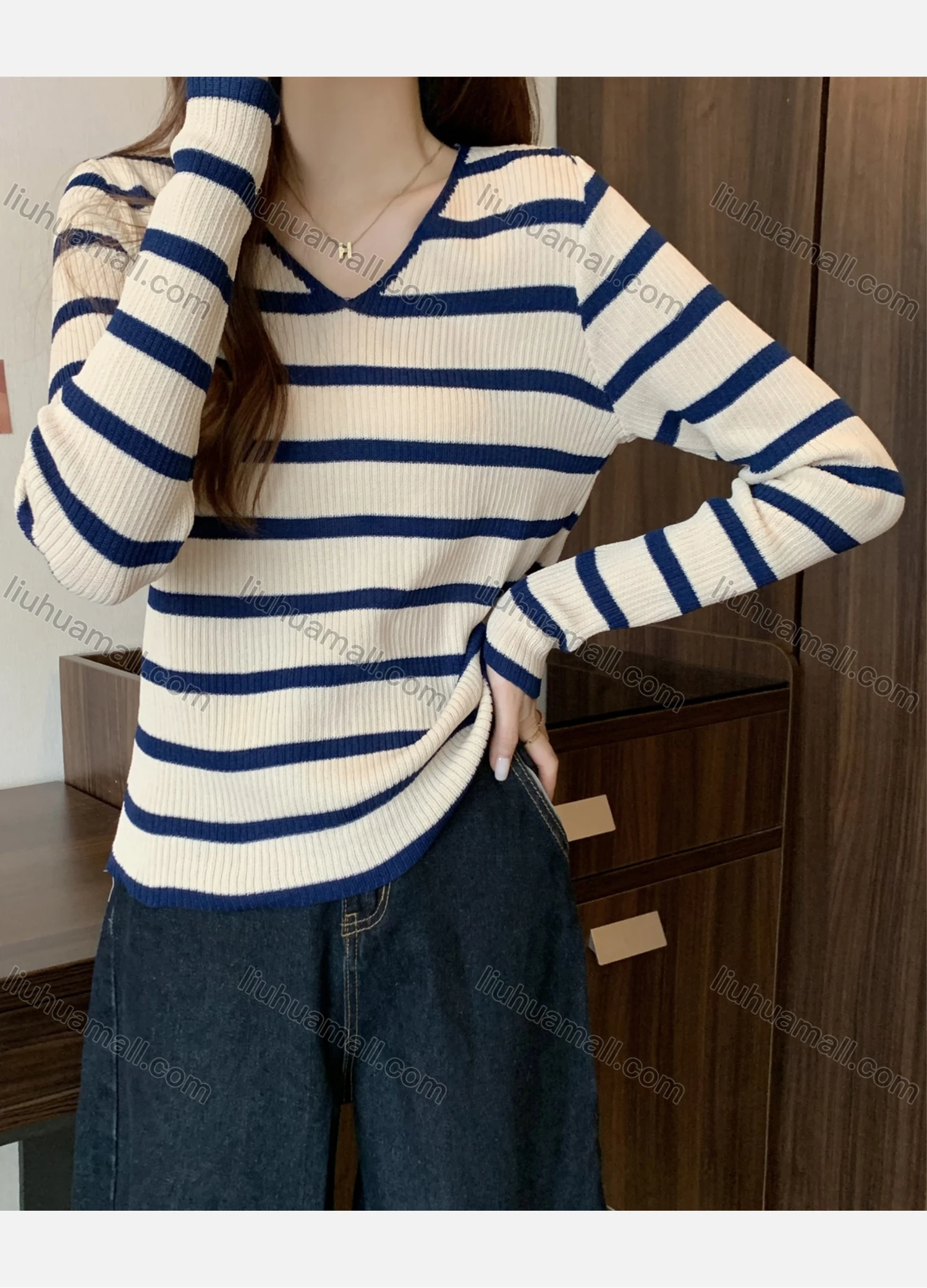 Wholesale Women's Casual Striped Ribbed Knit V Neck Long Sleeve Sweater Tops 1064# - Liuhuamall