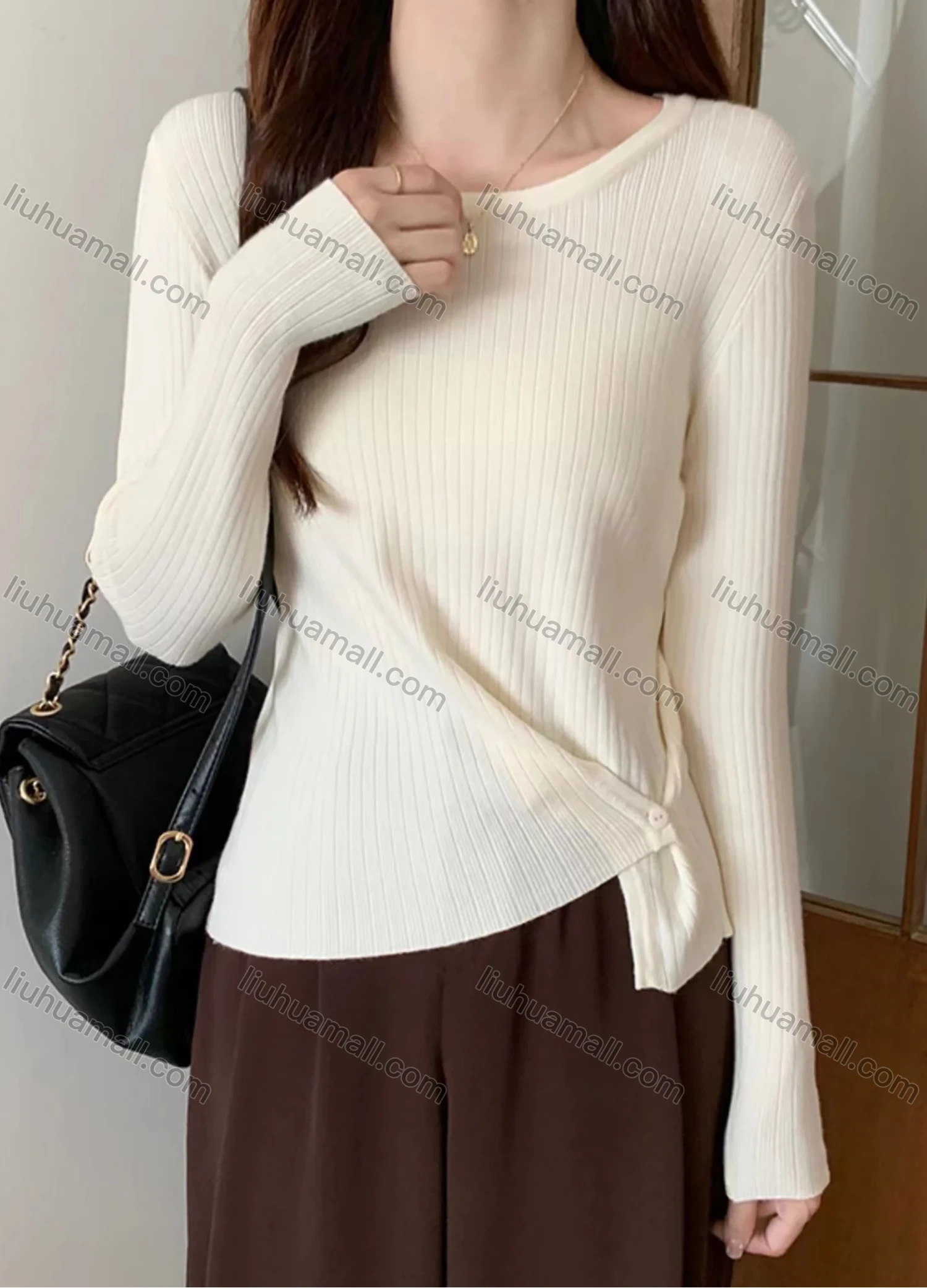 Wholesale Women's Casual Plain Round Neck Long Sleeve Ribbed Knit Button Sweater Tops 1065# - Liuhuamall