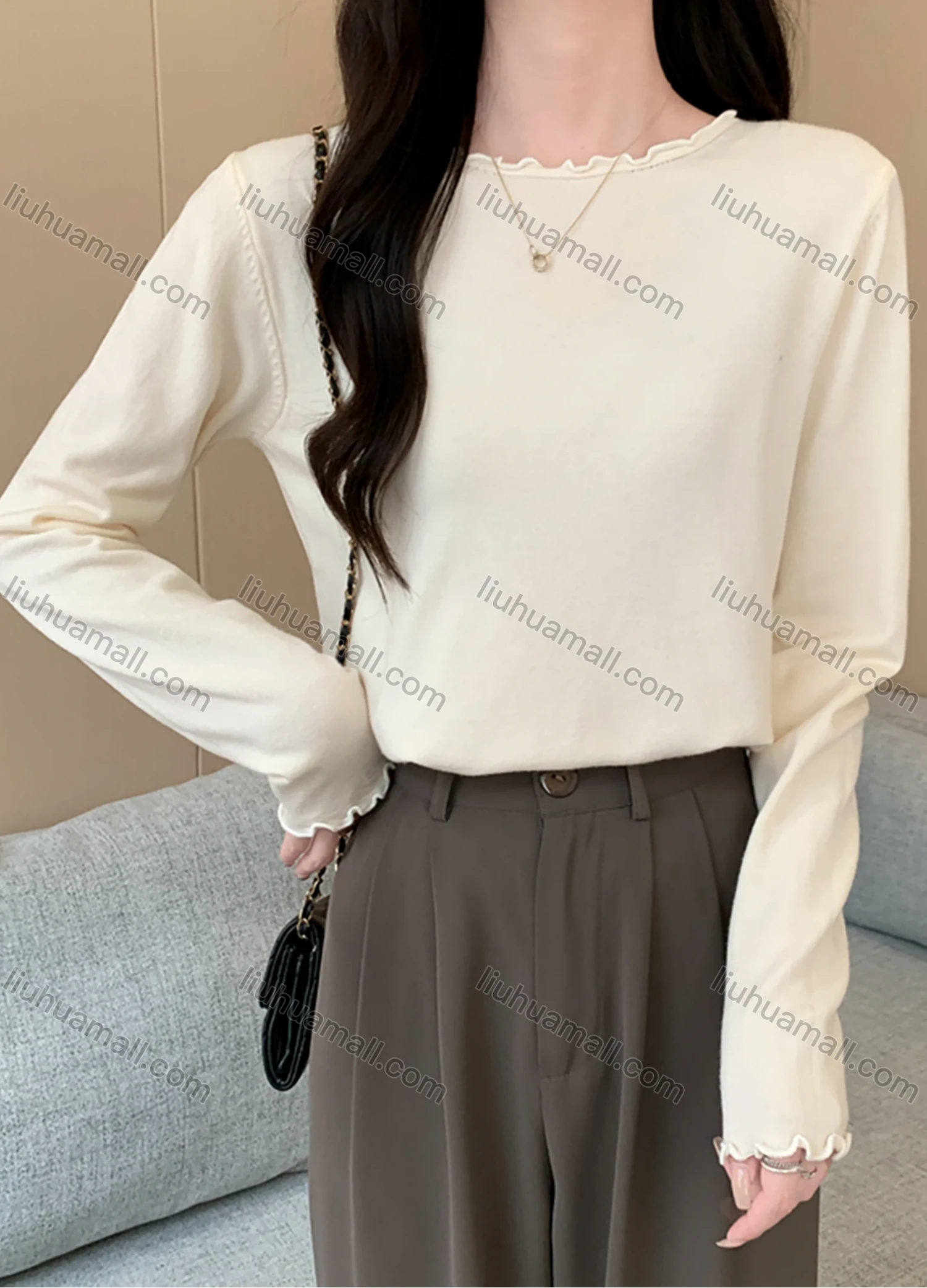 Wholesale Women's Casual Plain Round Neck Long Sleeve Tops 1066# - Liuhuamall