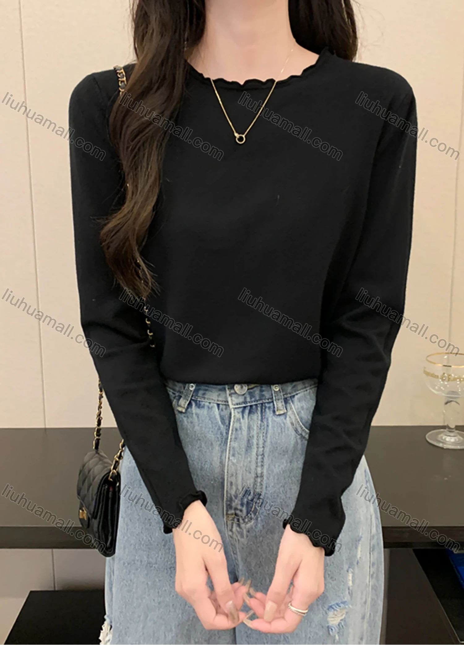Wholesale Women's Casual Plain Round Neck Long Sleeve Tops 1066# - Liuhuamall