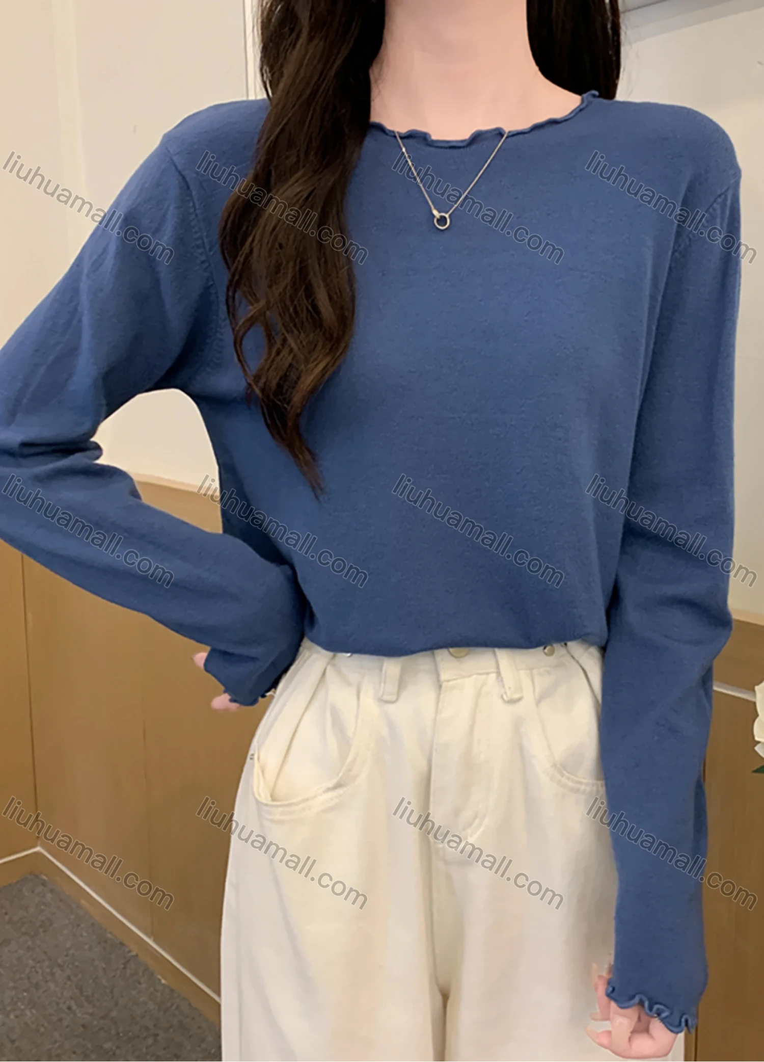 Wholesale Women's Casual Plain Round Neck Long Sleeve Tops 1066# - Liuhuamall