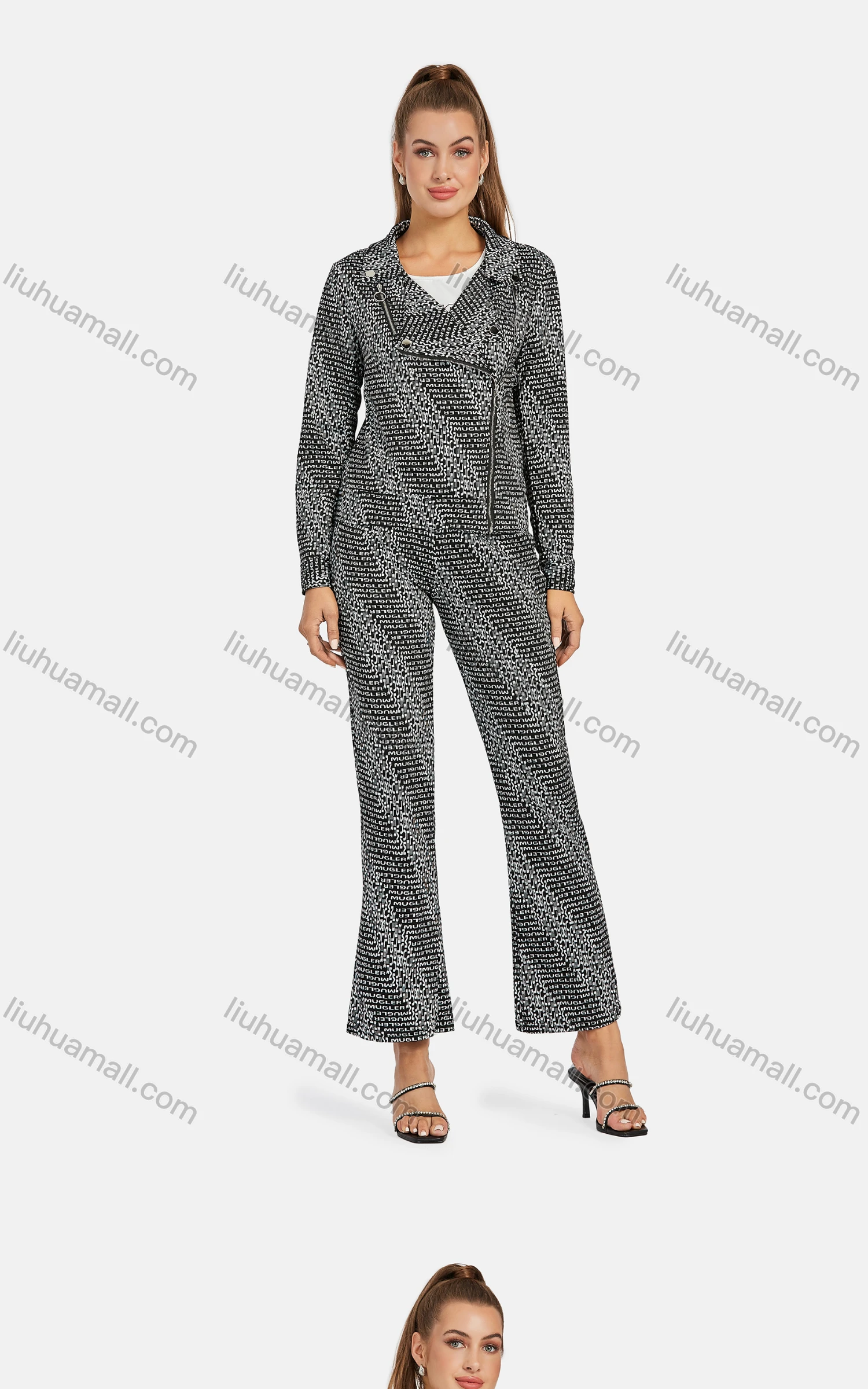 Wholesale Women's Business Lapel Long Sleeve Zip Side Letter Crop Jacket 2-piece Set - Liuhuamall