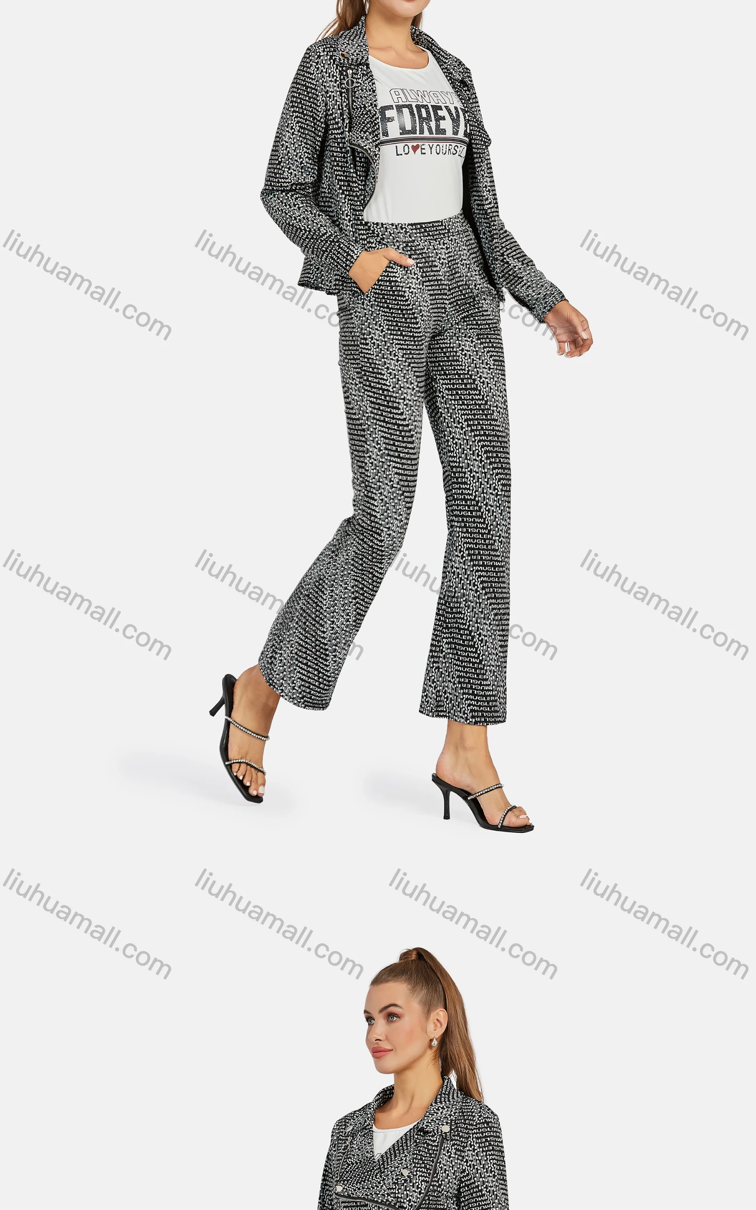 Wholesale Women's Business Lapel Long Sleeve Zip Side Letter Crop Jacket 2-piece Set - Liuhuamall