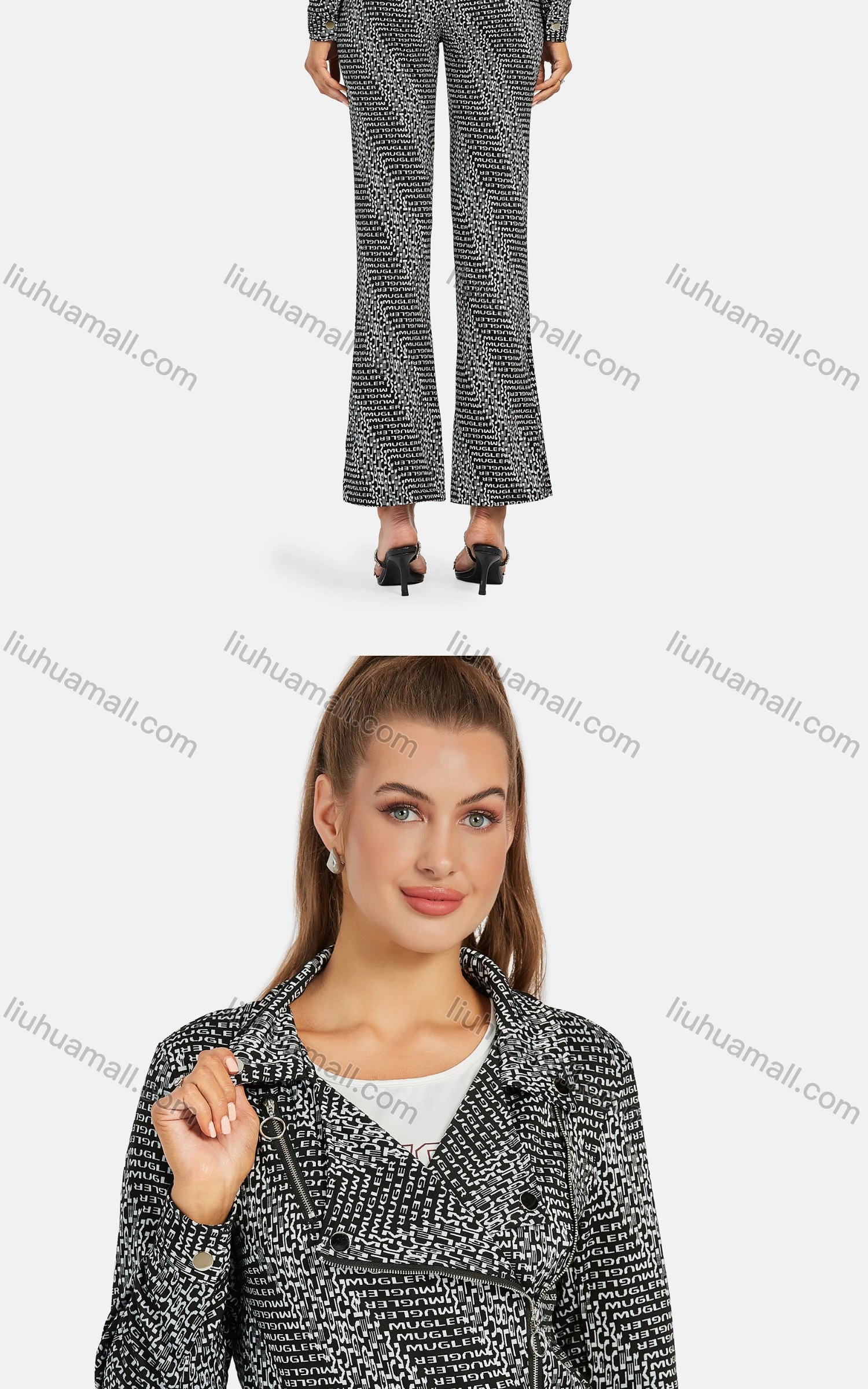 Wholesale Women's Business Lapel Long Sleeve Zip Side Letter Crop Jacket 2-piece Set - Liuhuamall