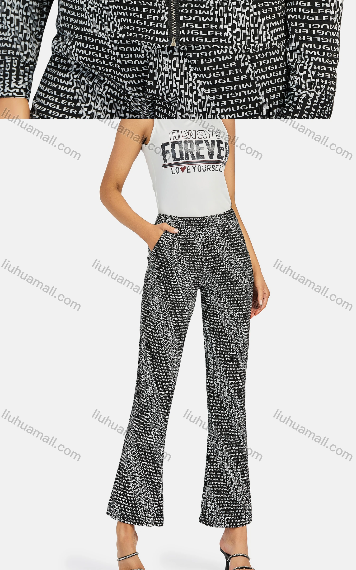 Wholesale Women's Business Lapel Long Sleeve Zip Side Letter Crop Jacket 2-piece Set - Liuhuamall