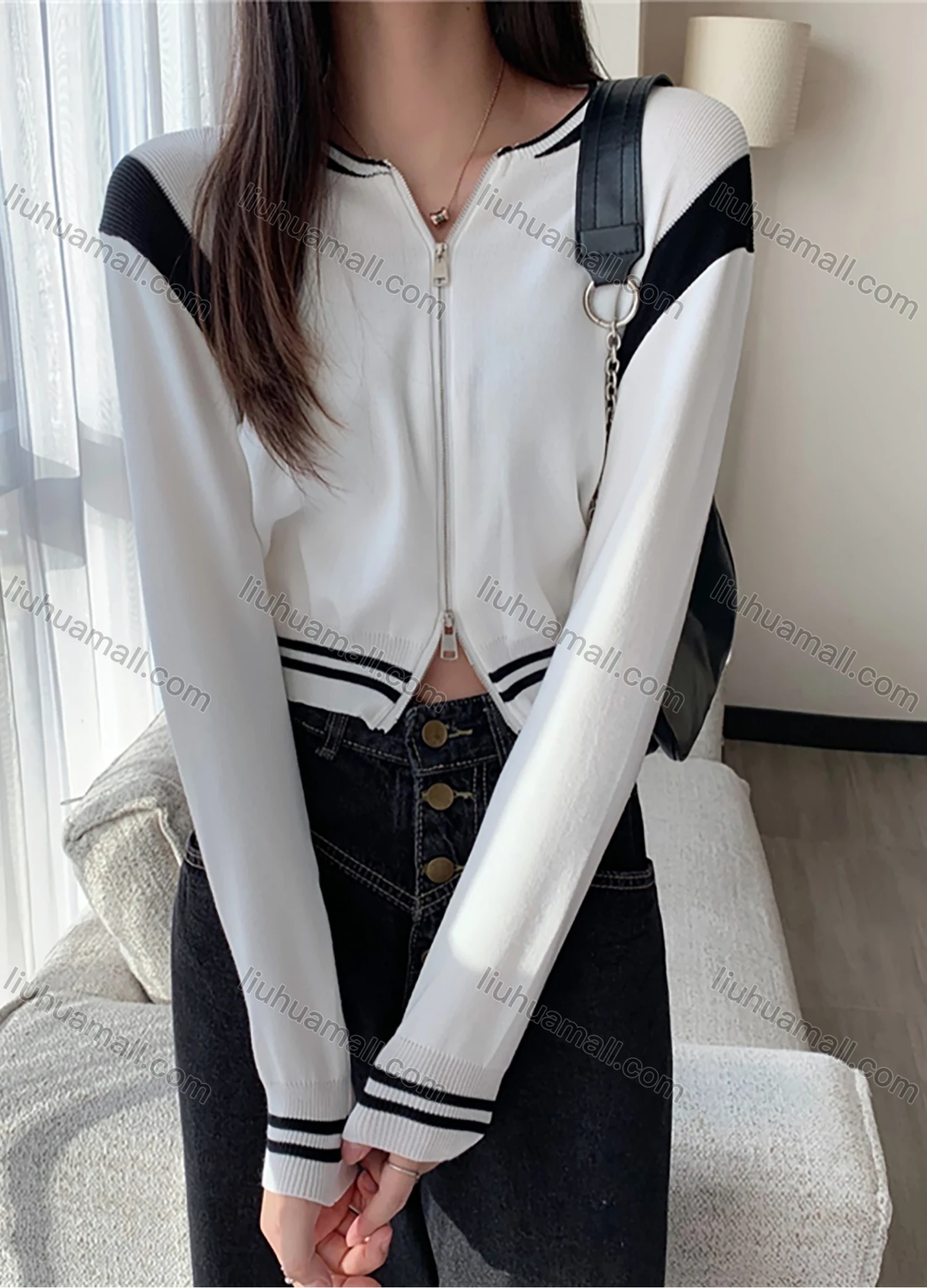 Wholesale Women's Casual Striped Long Sleeve Zip Sweater Jacket 1067# - Liuhuamall
